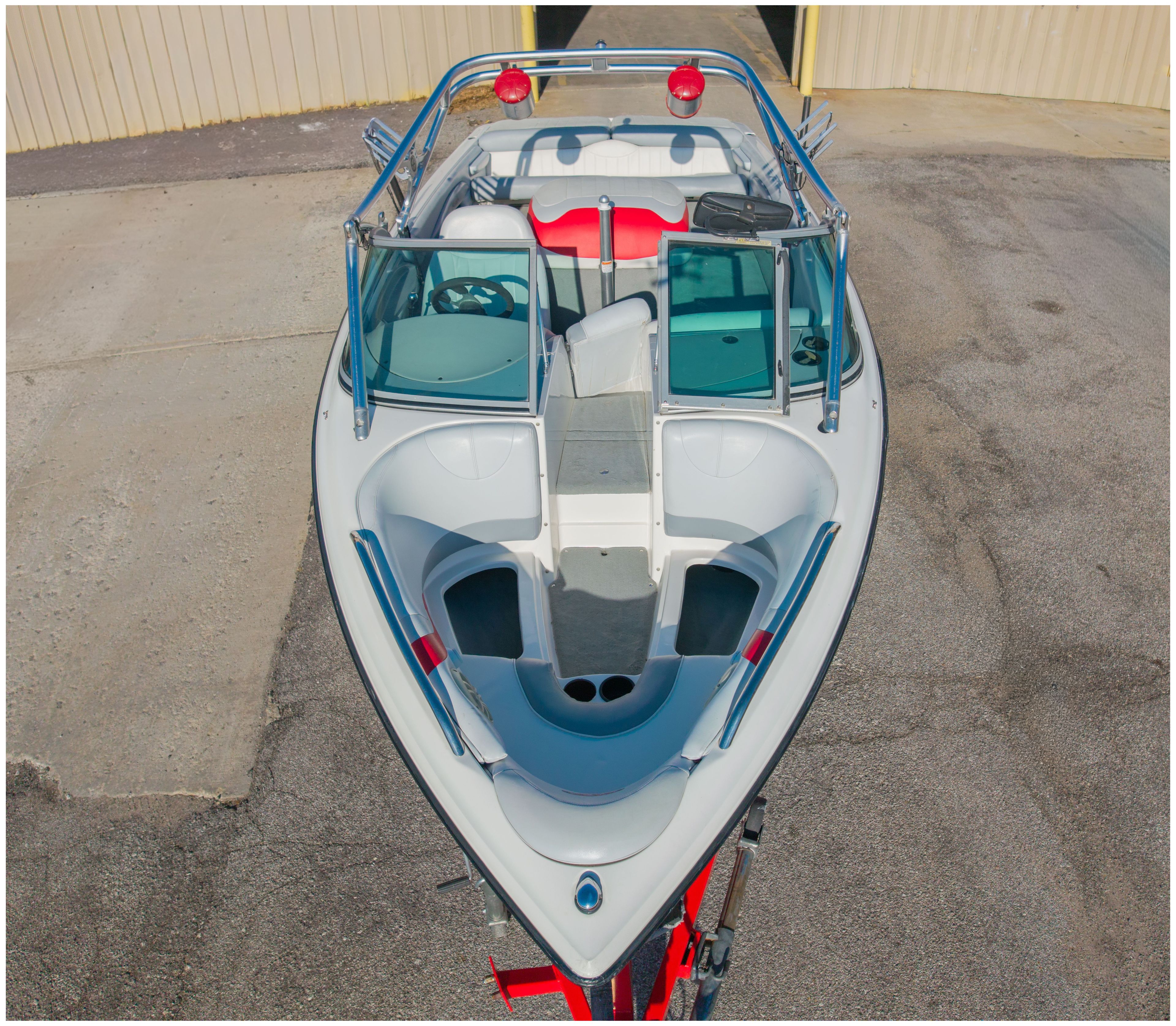 2002 MasterCraft X-7 boat, top view of deck and seating.