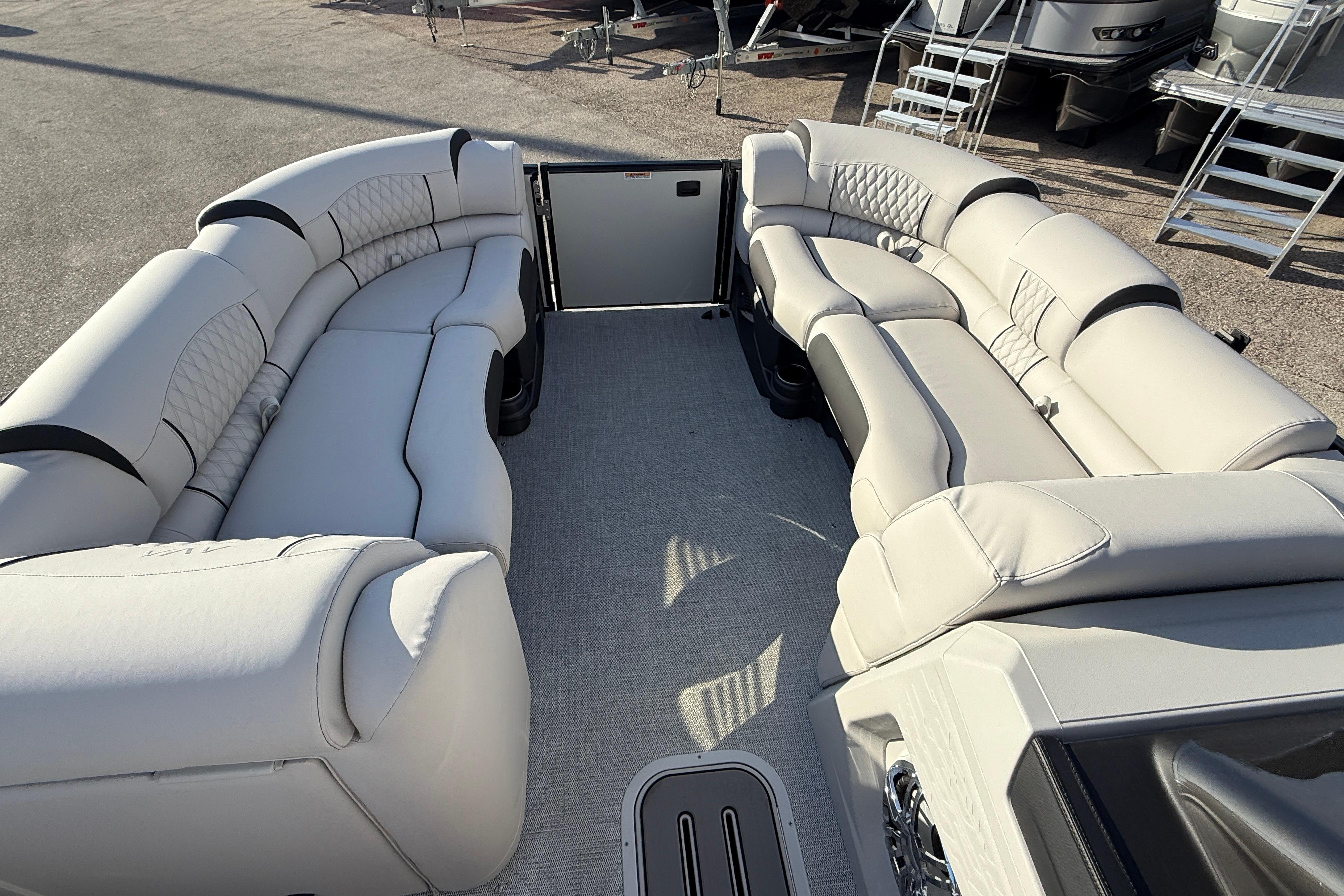 Luxurious seating on 2026 Avalon 2385 Catalina Quad Lounger, Tri Toon High Performance boat.