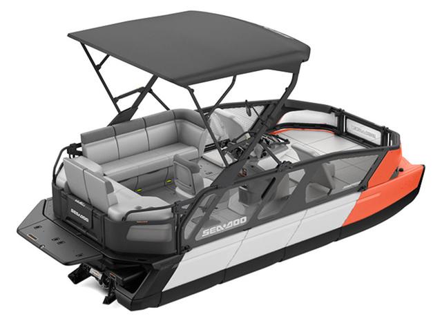 2023 Sea-Doo Switch® Sport 18-230 hp pontoon boat with canopy and seating.