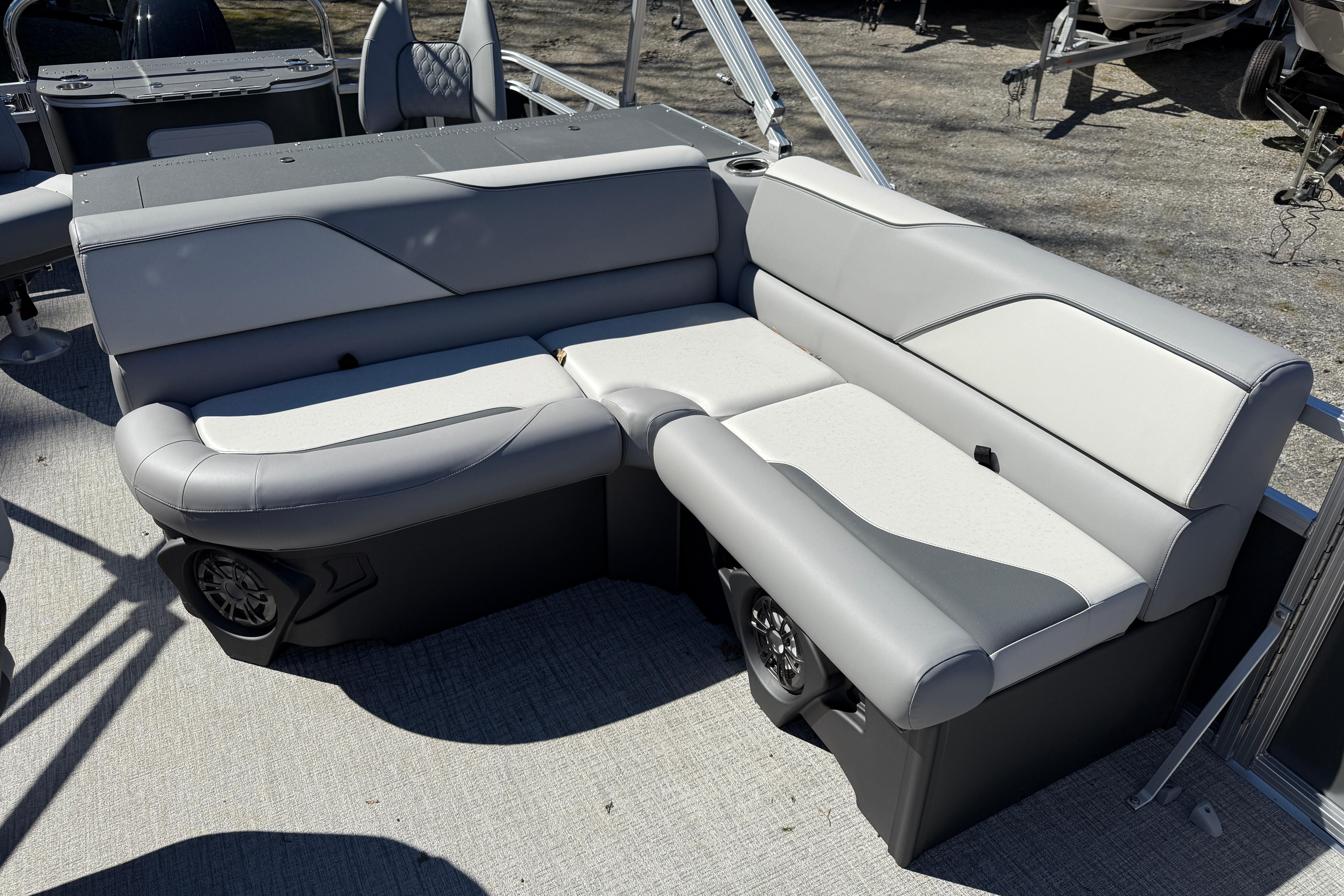 2026 Tahoe Pontoon Sport 85 Rear Fish boat with gray seating and modern design.