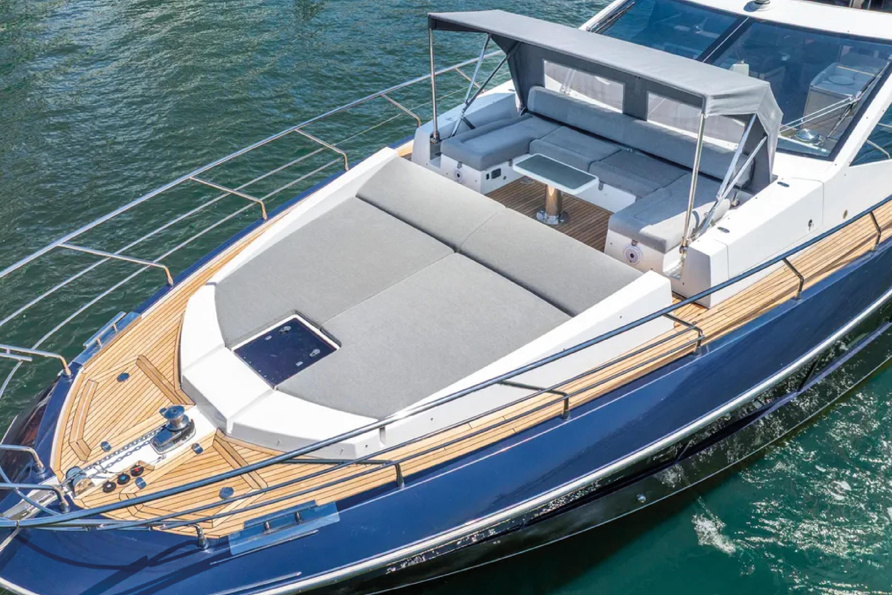 2019 Azimut S7 yacht with spacious deck and luxurious seating on water.