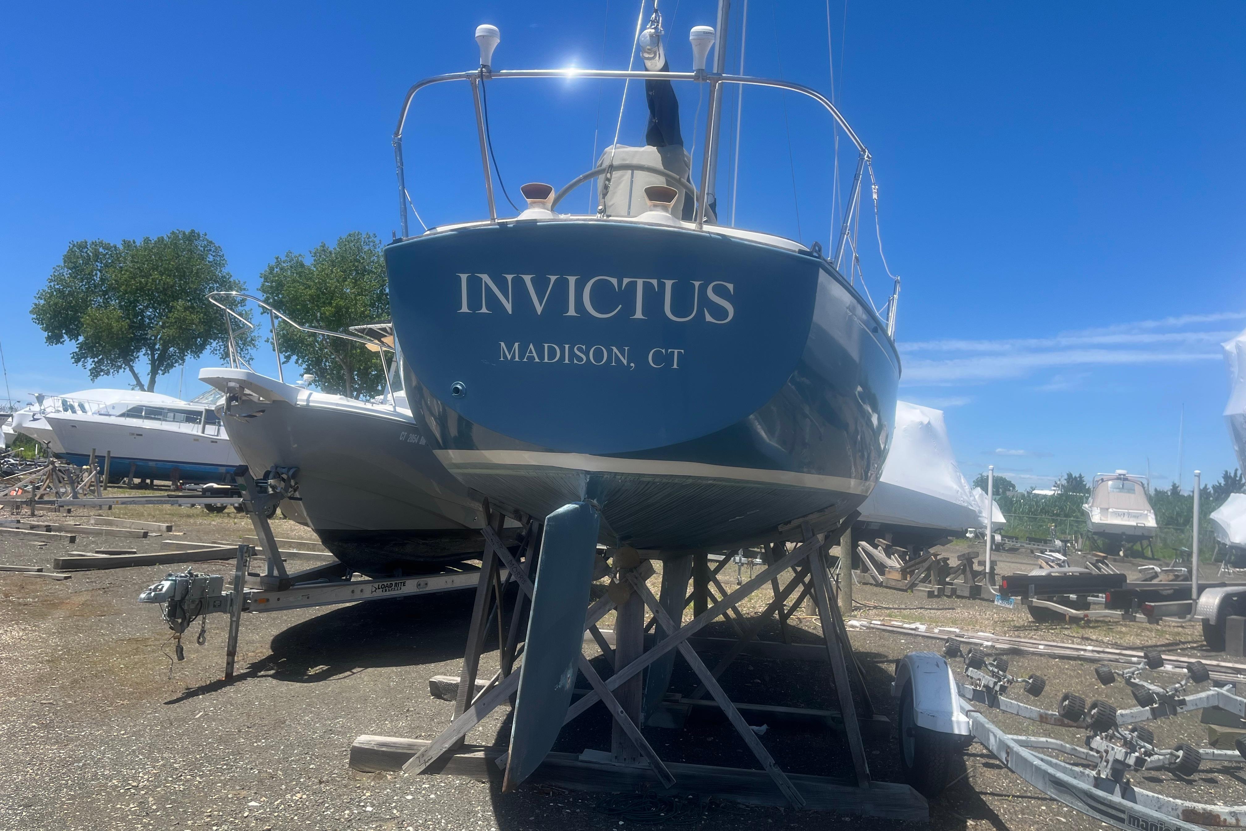 1972 C&C 30 sailboat "Invictus" on stands in Madison, CT boatyard.