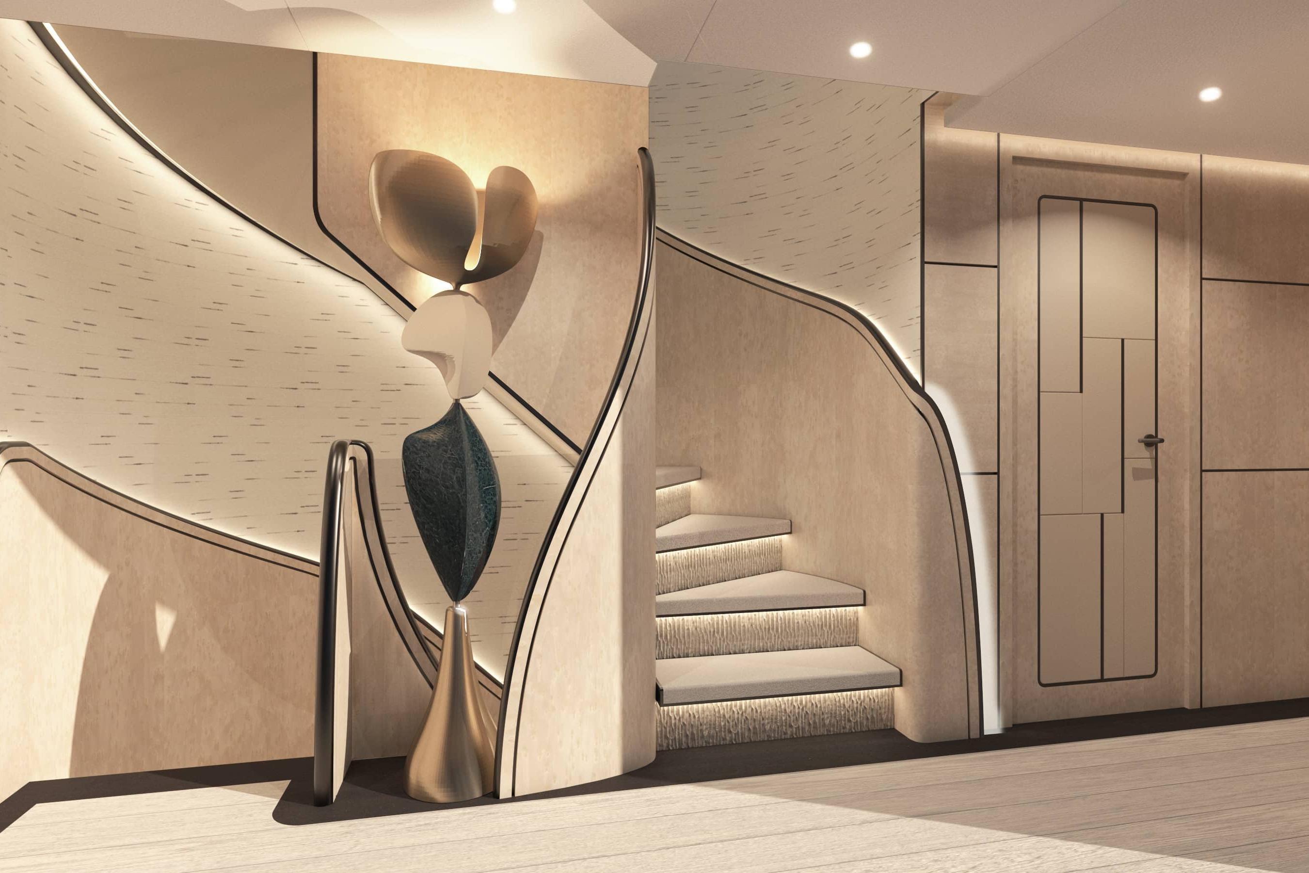 Luxurious yacht interior with modern staircase and artistic decor, Mengi Yay Nuvolari Lenard 2028 model.