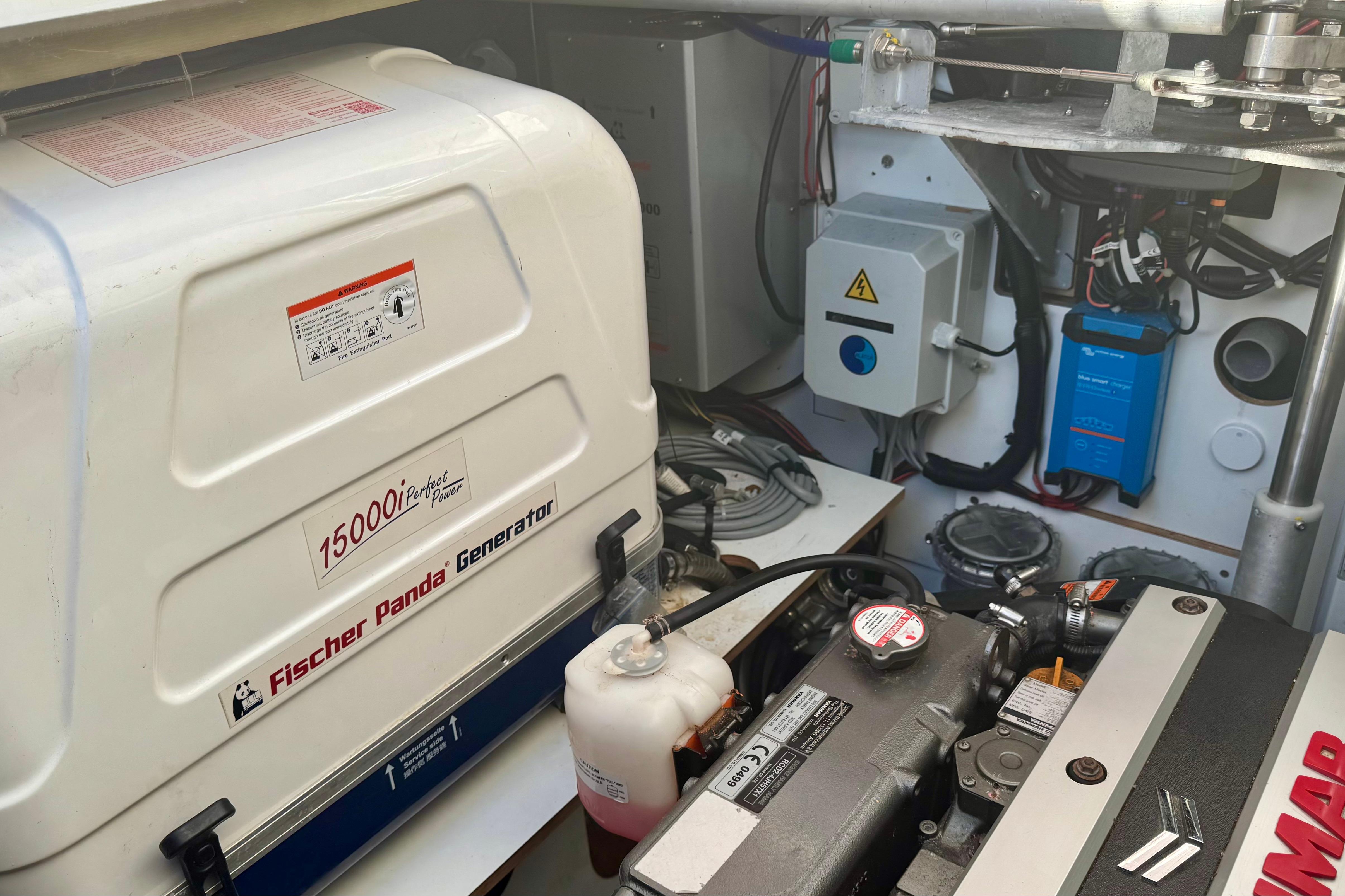 Engine room of 2020 Fountaine Pajot Saona 47 with Fischer Panda generator.