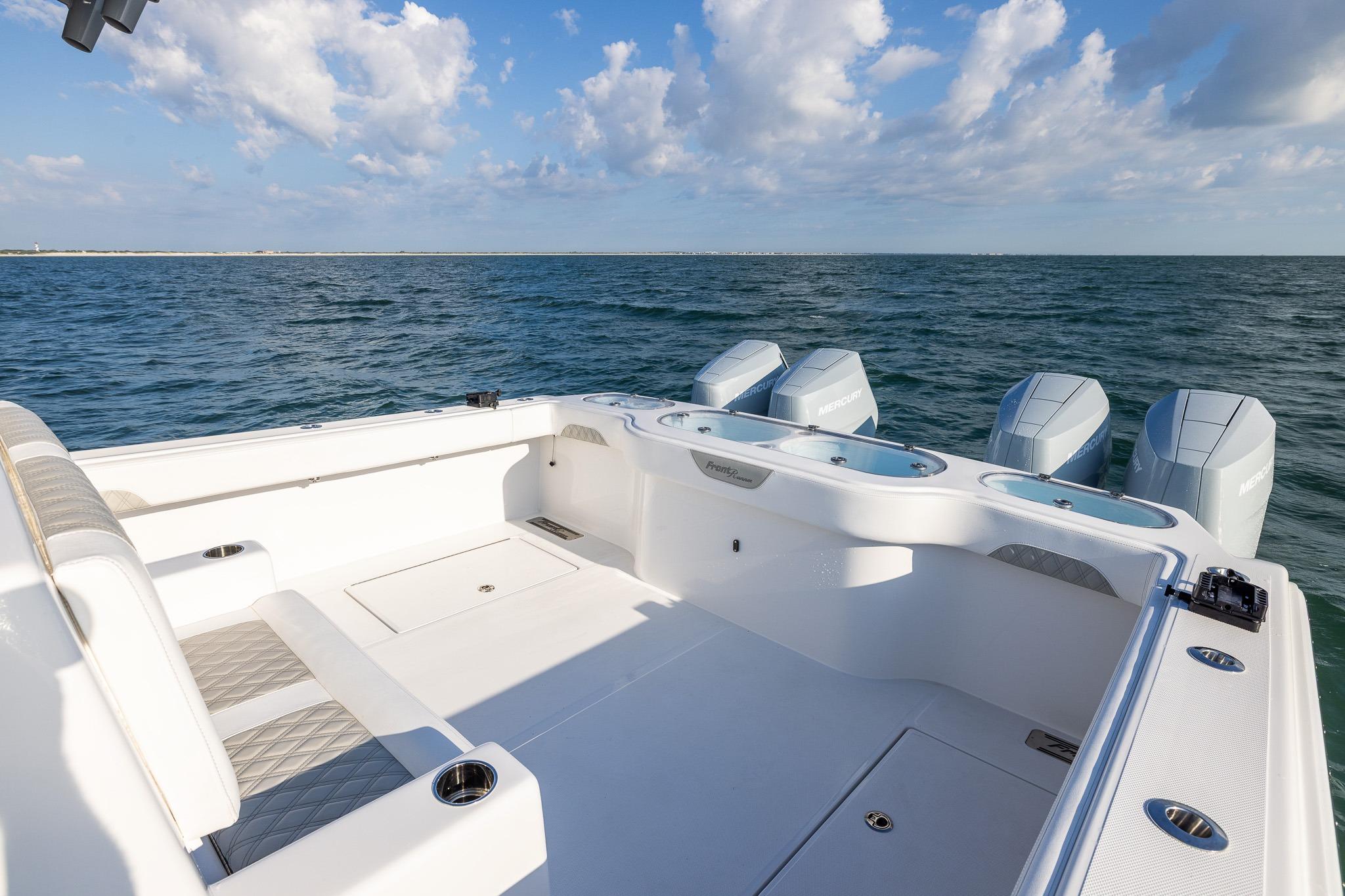 2026 Front Runner 37 Catamaran with quad engines, spacious deck, and ocean view.