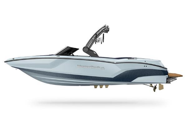 Manufacturer Provided Image: 2022 MasterCraft NXT24 boat, side view, white and blue, with wakeboard tower.