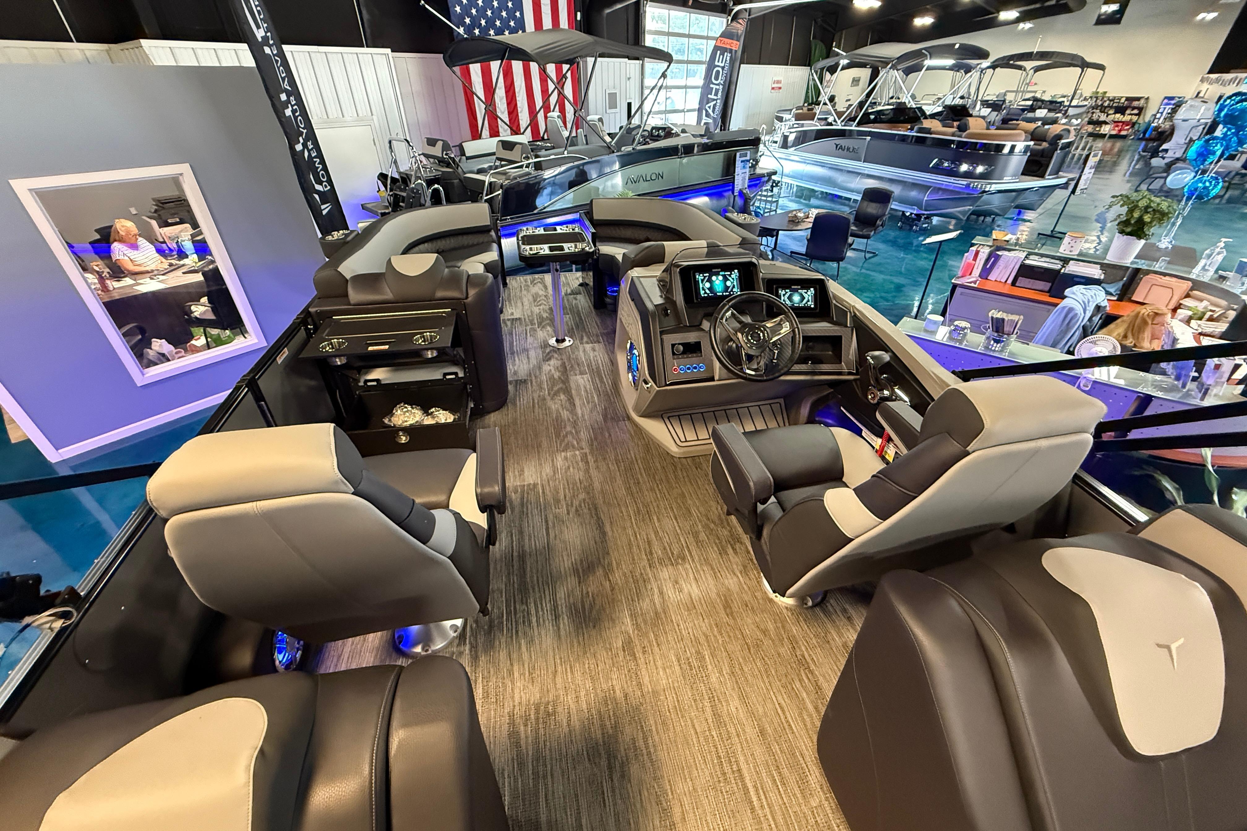 2026 Tahoe Pontoon Cascade Cruise Rear Bench interior with modern seating and control panel.