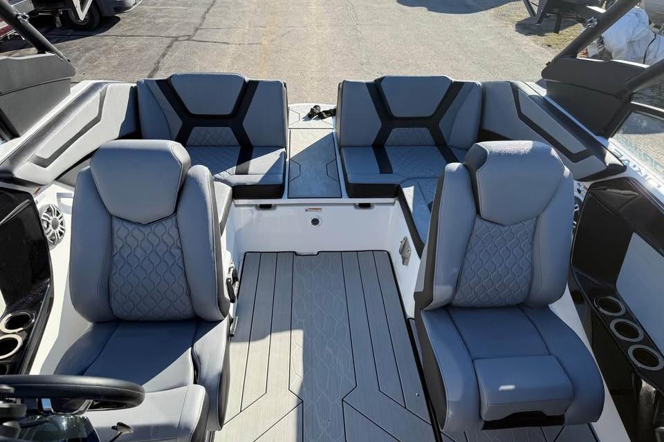 Interior of 2026 Yamaha Boats 222XD, featuring modern seating and sleek design.
