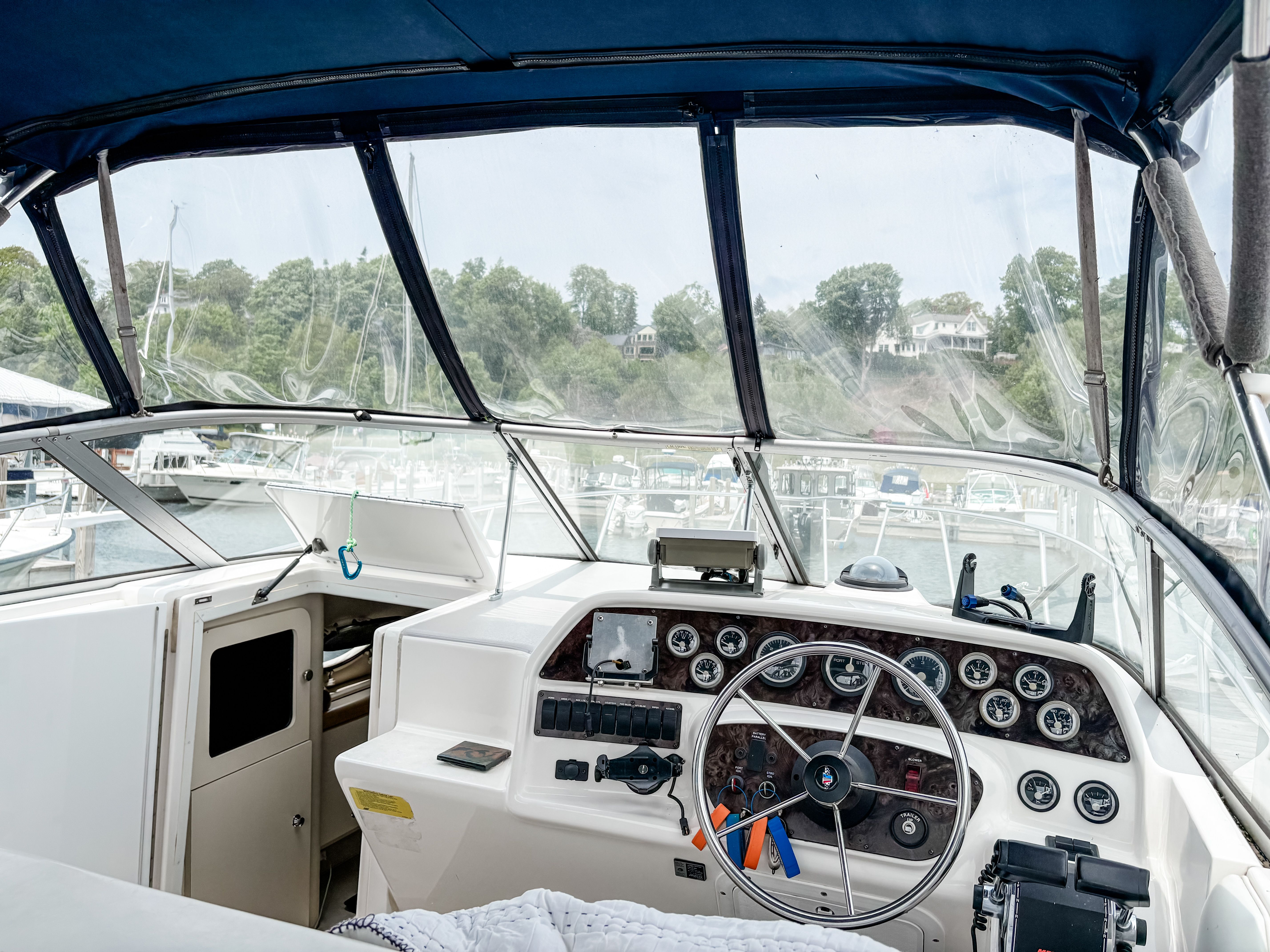 Interior view of a 1997 Wellcraft Martinique boat in harbor.