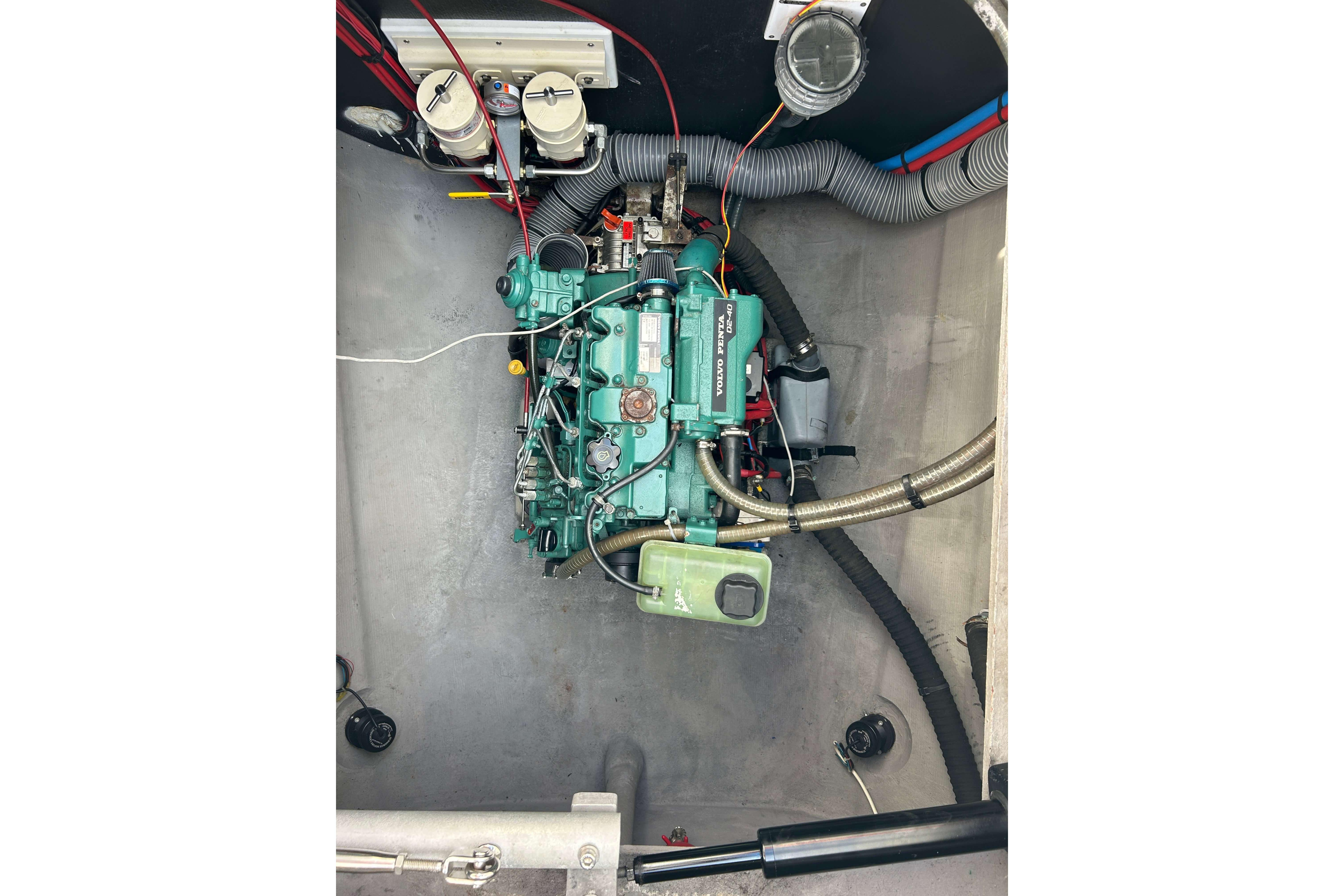 Engine compartment of a 2018 Bali 4.1 boat, featuring a Volvo Penta engine.