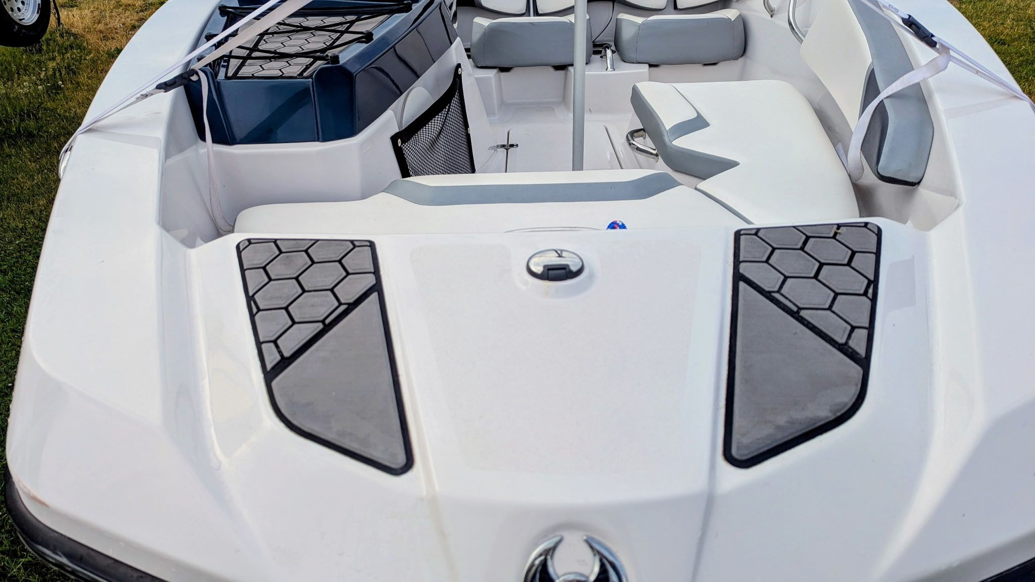 Interior of a 2017 Scarab 165 H.O. boat with modern seating.