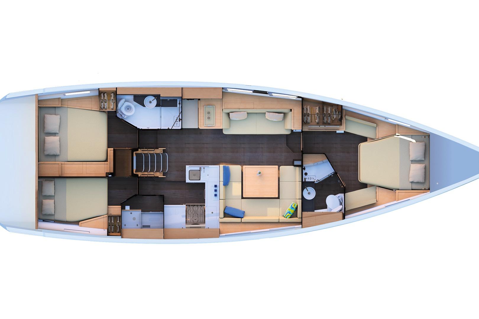 Interior layout of 2018 Jeanneau 51 yacht, featuring cabins, kitchen, and living area.
