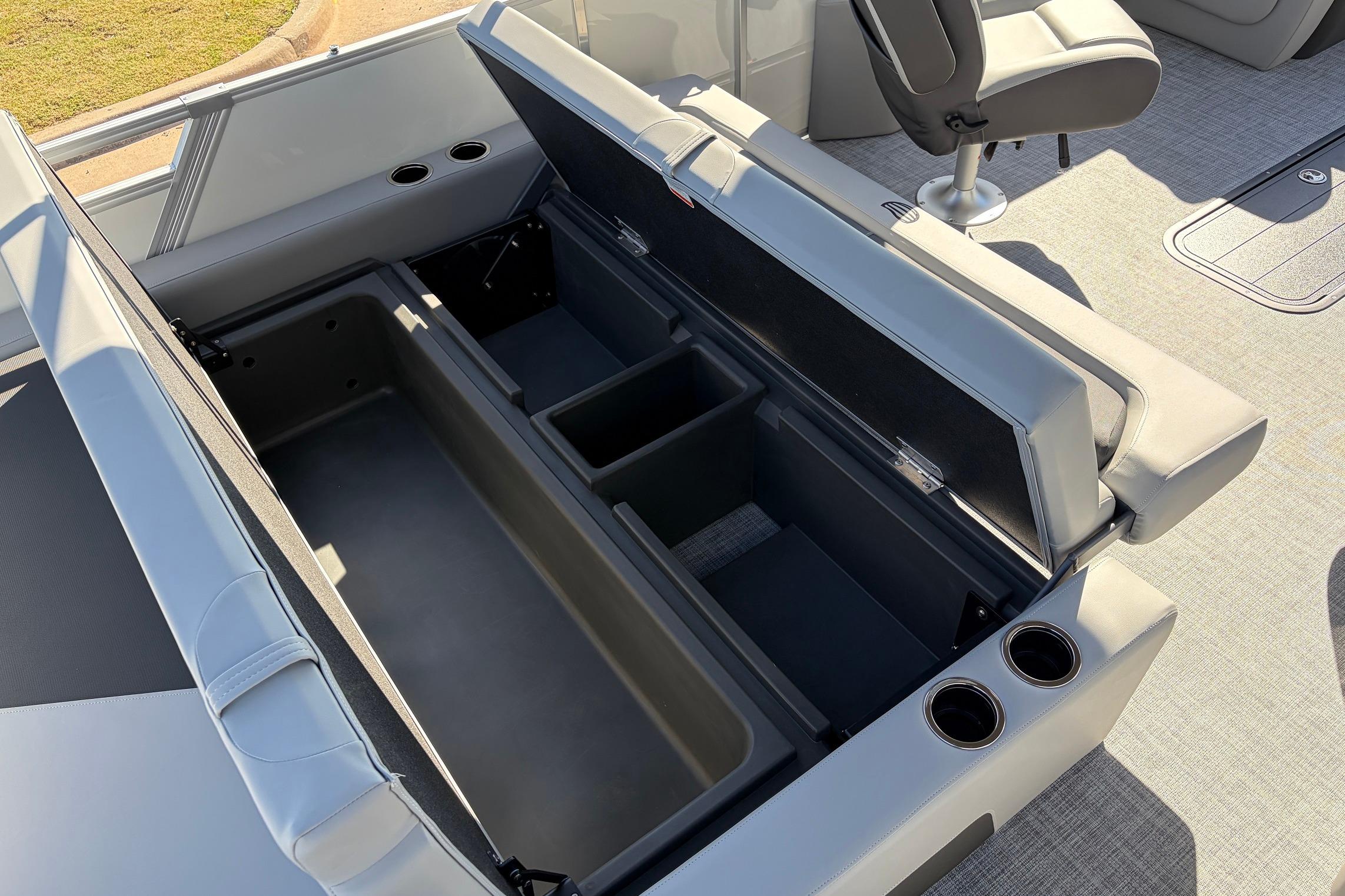 2026 Sun Tracker Party Barge 22 RF XP3 interior storage compartments and seating.
