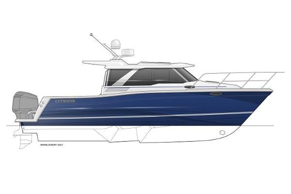 Manufacturer Provided Image: 2023 Cutwater C-288 Coupe boat, side view, sleek blue and white design.