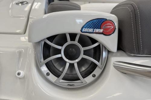 2026 Crownline Eclipse E255 boat speaker with "Social Swim" branding.