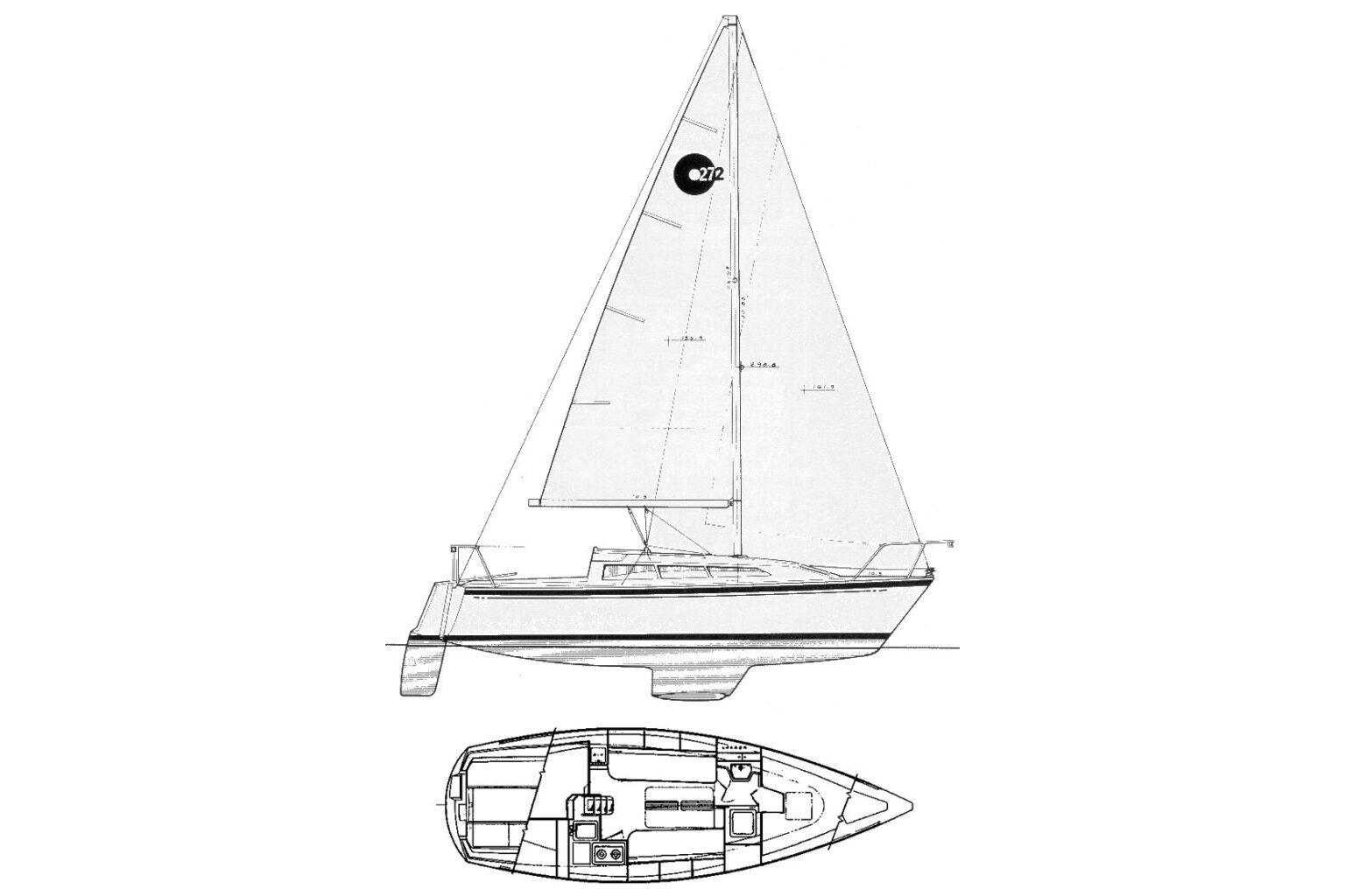 Blueprint of 1989 O'Day 272 sailboat, showing side and top views with detailed layout.
