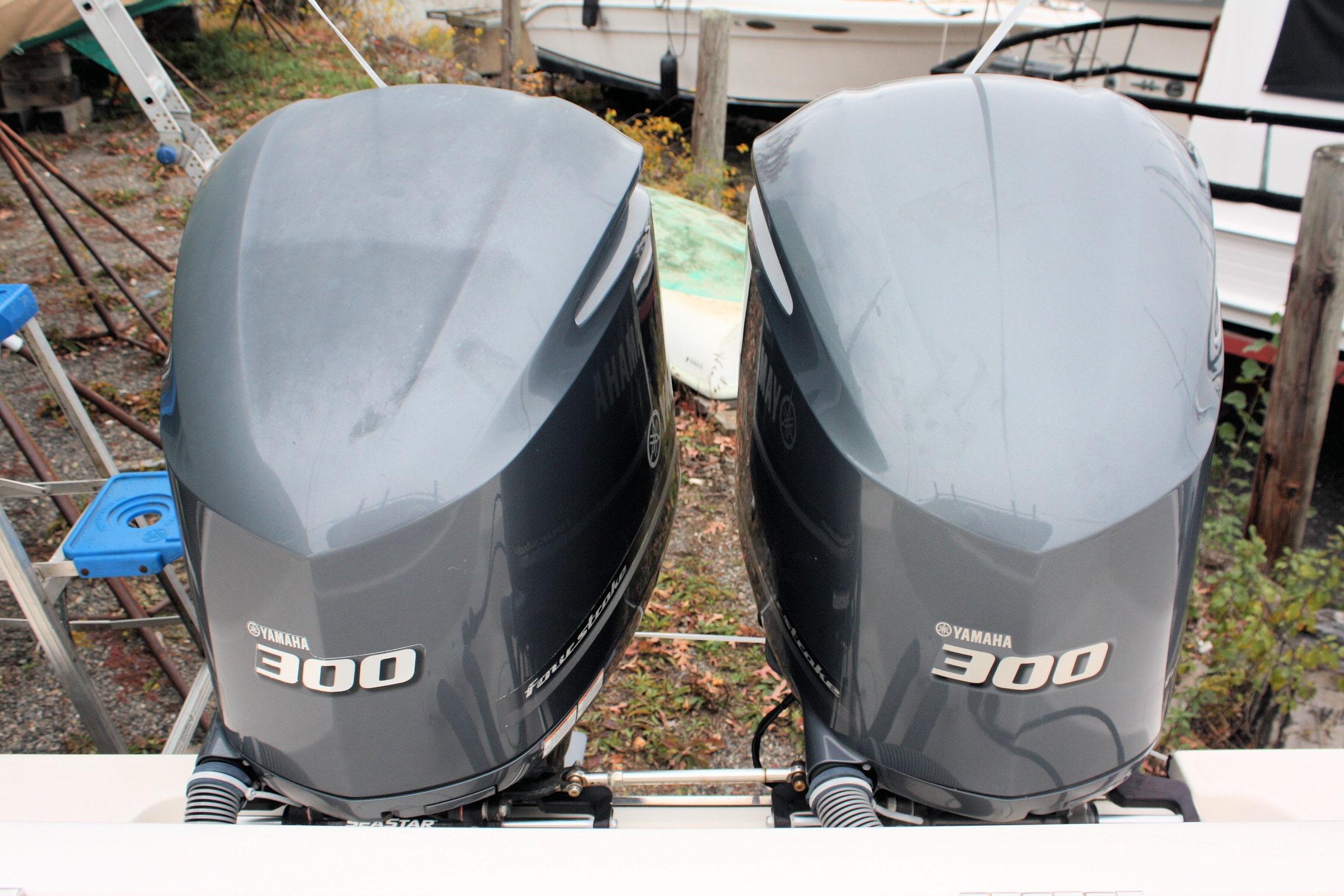 Twin Yamaha 300 outboard engines on a 2013 Pursuit ST 310 Sport boat.
