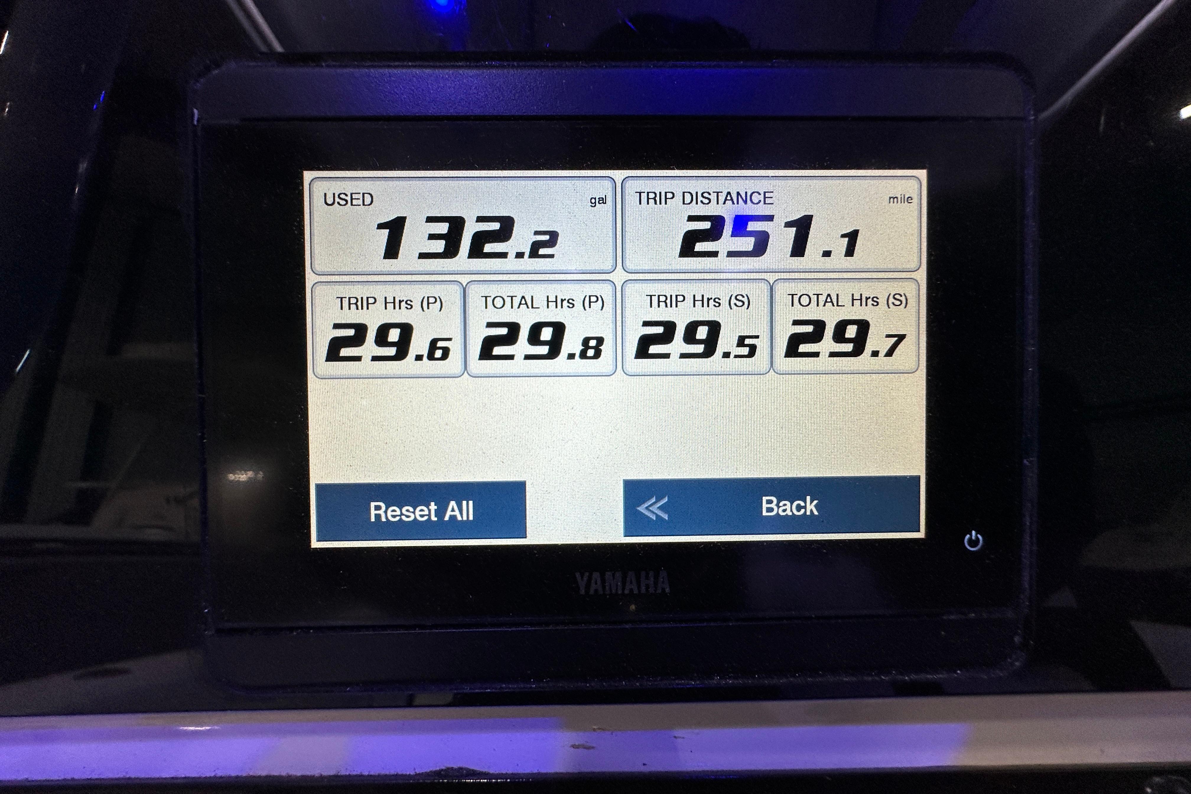 Display screen showing trip data for 2024 Cobia 301 Center Console boat.