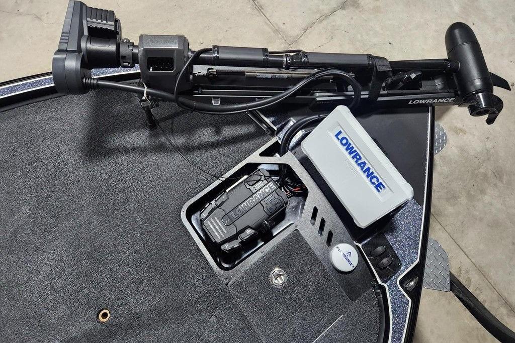 Triton 20XP Patriot 2026 boat deck with Lowrance equipment and trolling motor.