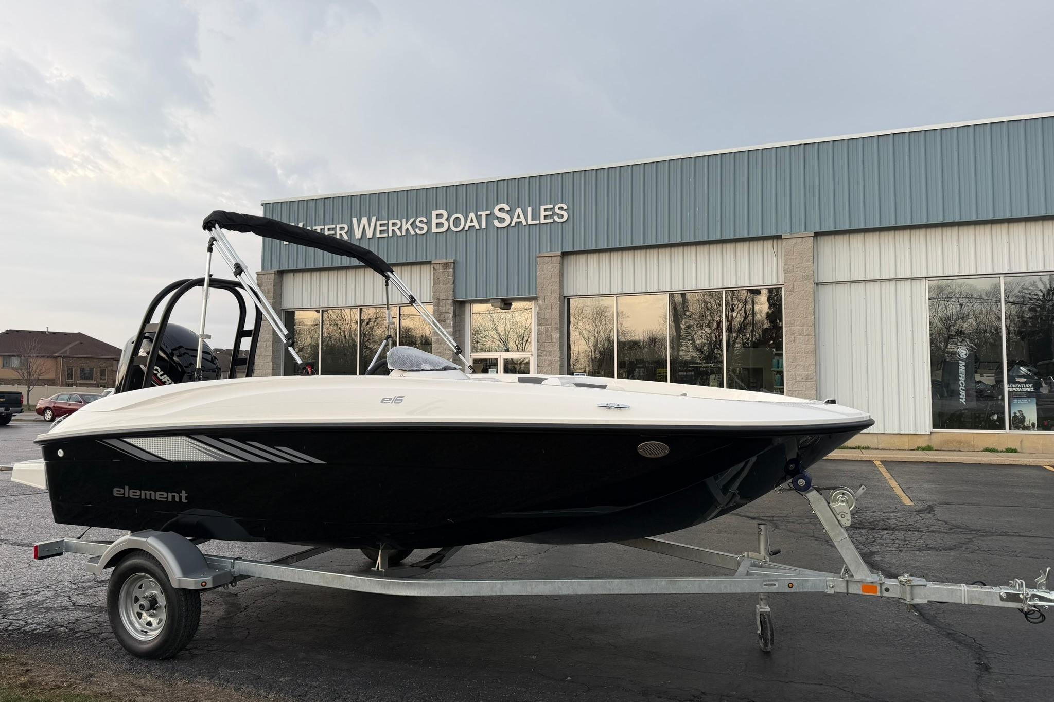 2026 Bayliner Element E16 boat on trailer outside Water Werks Boat Sales.