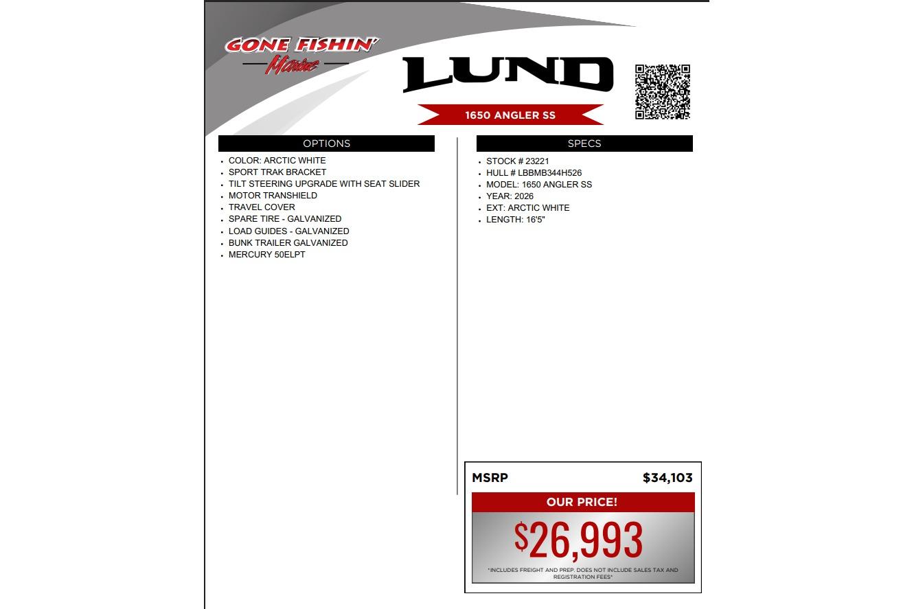 2026 Lund 1650 Angler SS boat features and pricing details, Arctic White color.
