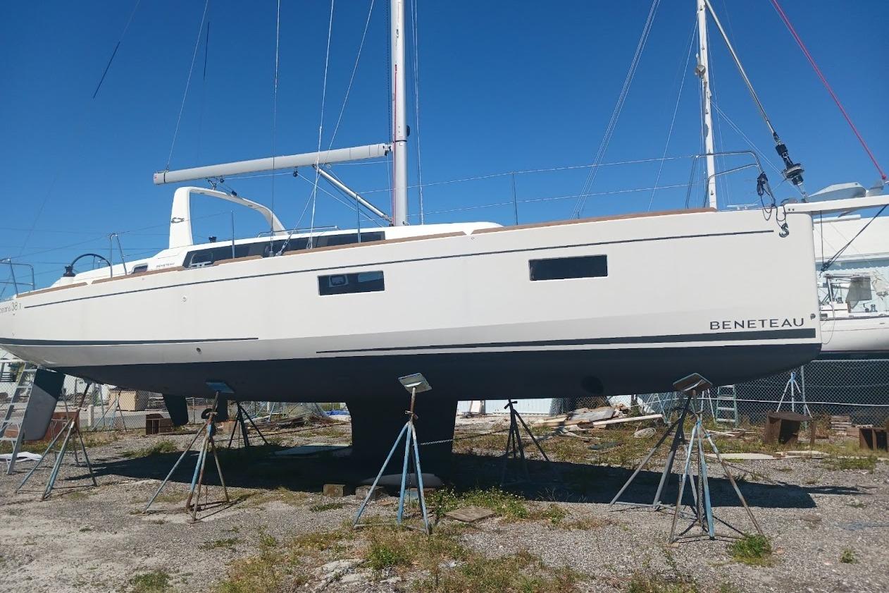 2023 Beneteau Oceanis 38.1 sailboat on stands, ready for launch.