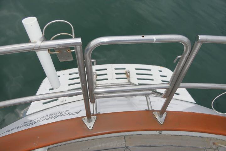 Stainless steel railing on 1986 Tayana 52 Center Cockpit yacht's stern deck.
