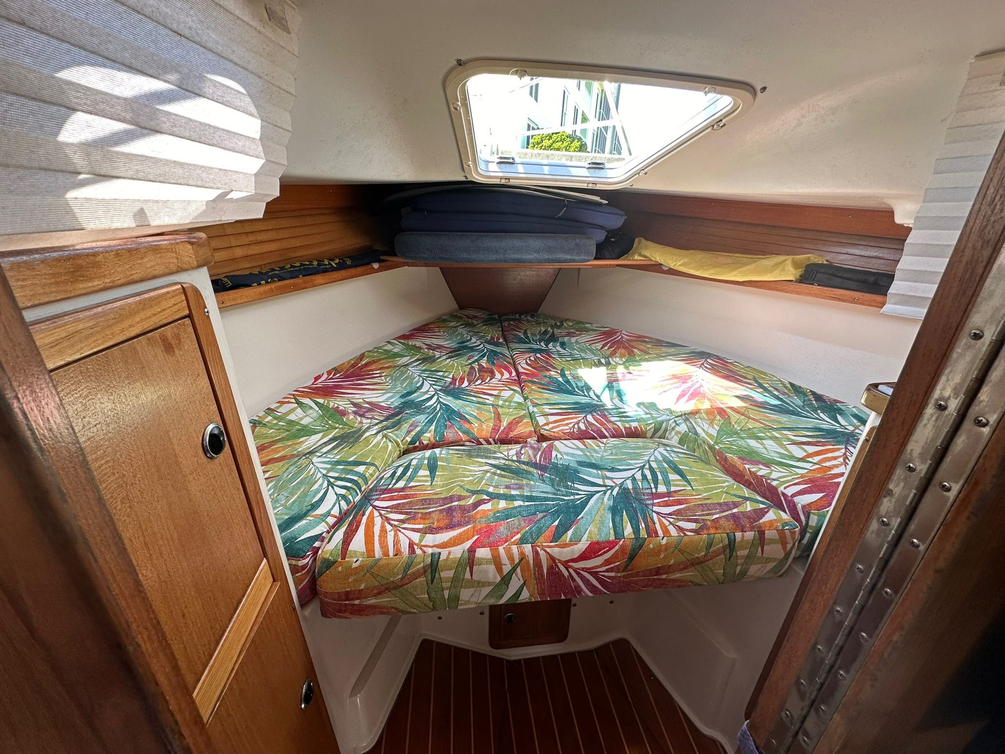 Interior of a Catalina MkII with tropical-patterned cushions.