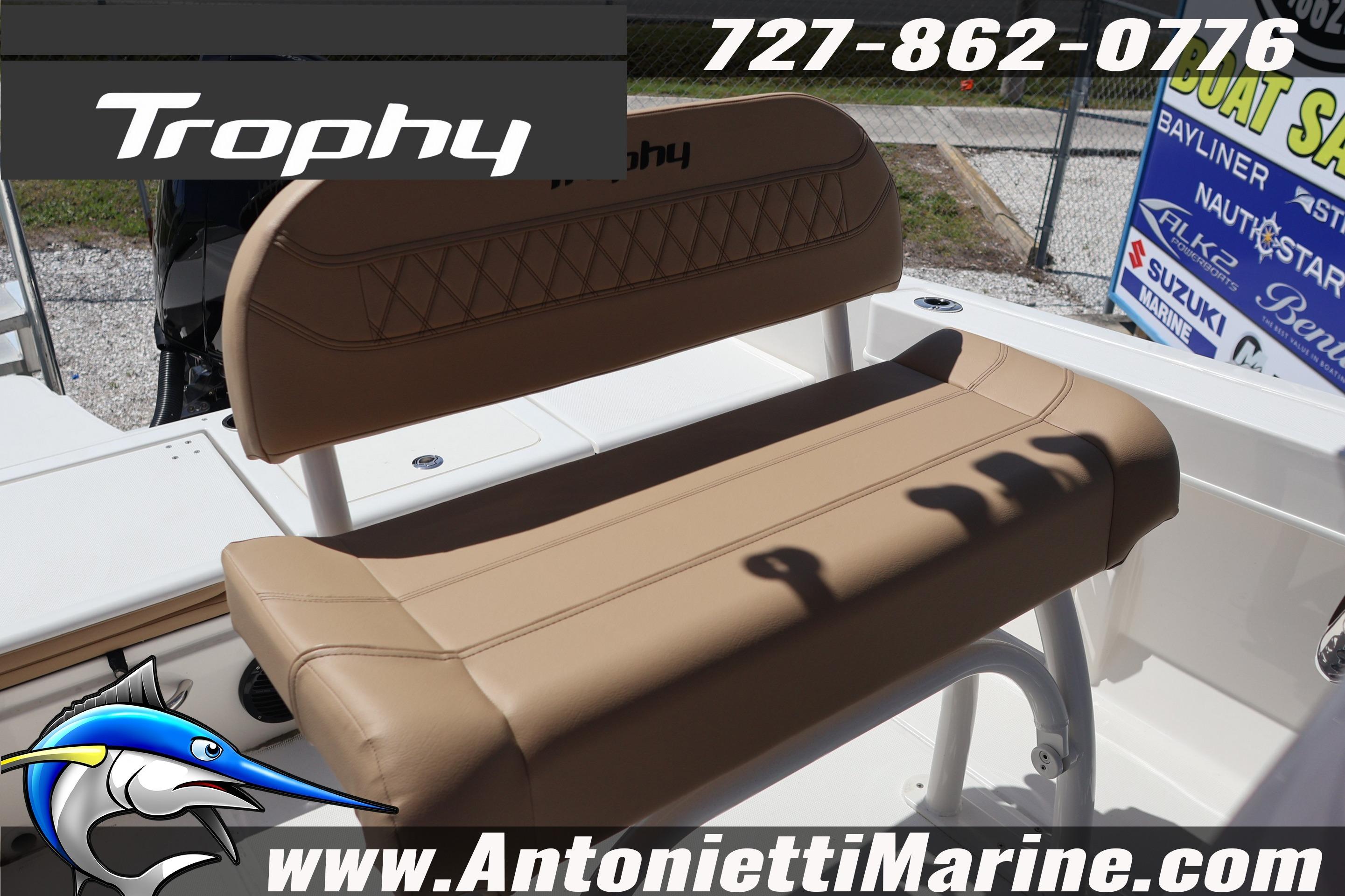 2026 Bayliner Trophy T20CC boat seat with logo and contact details.
