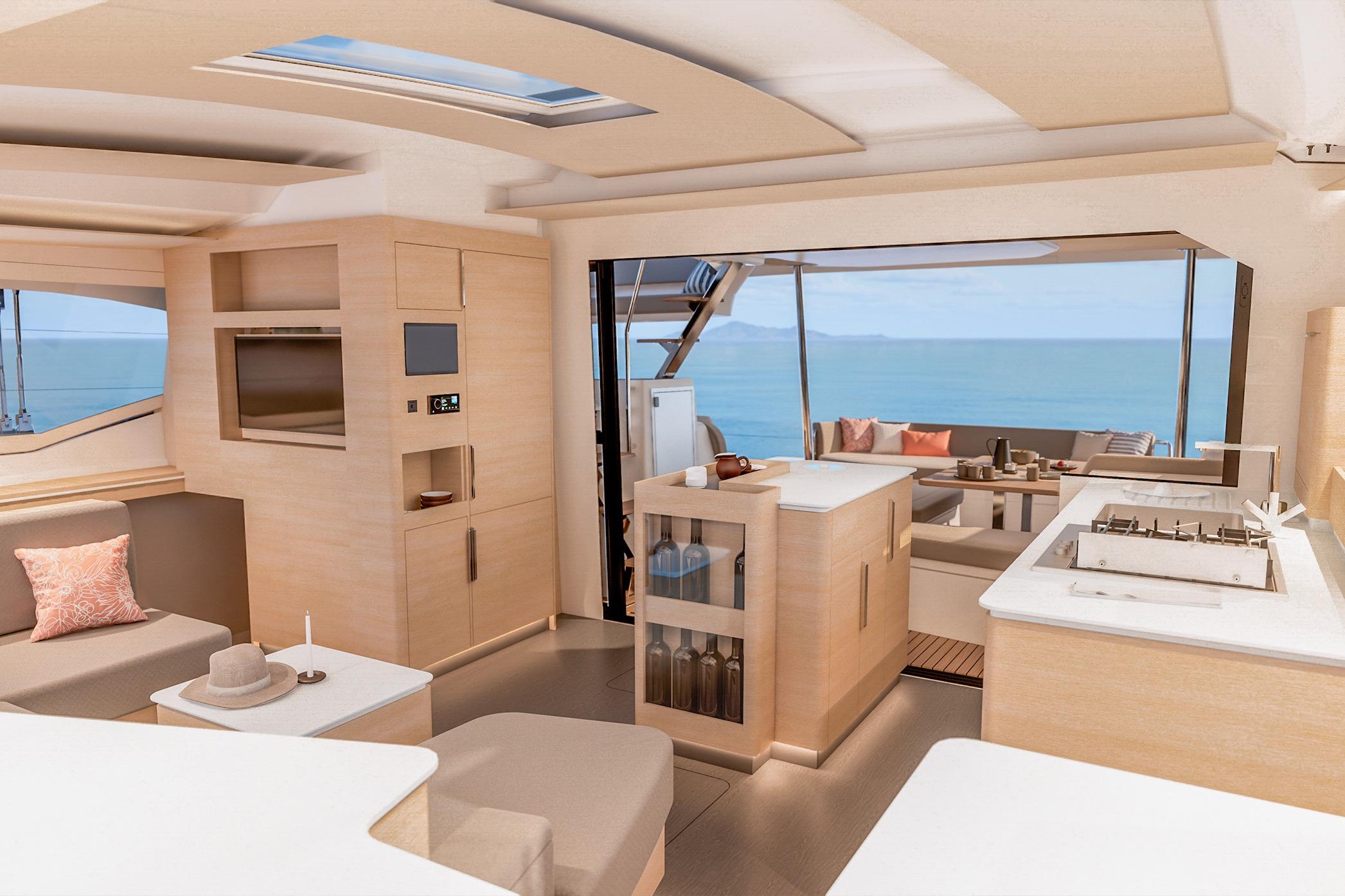 Luxurious interior of 2026 Fountaine Pajot FP 48 yacht with modern design and ocean view.