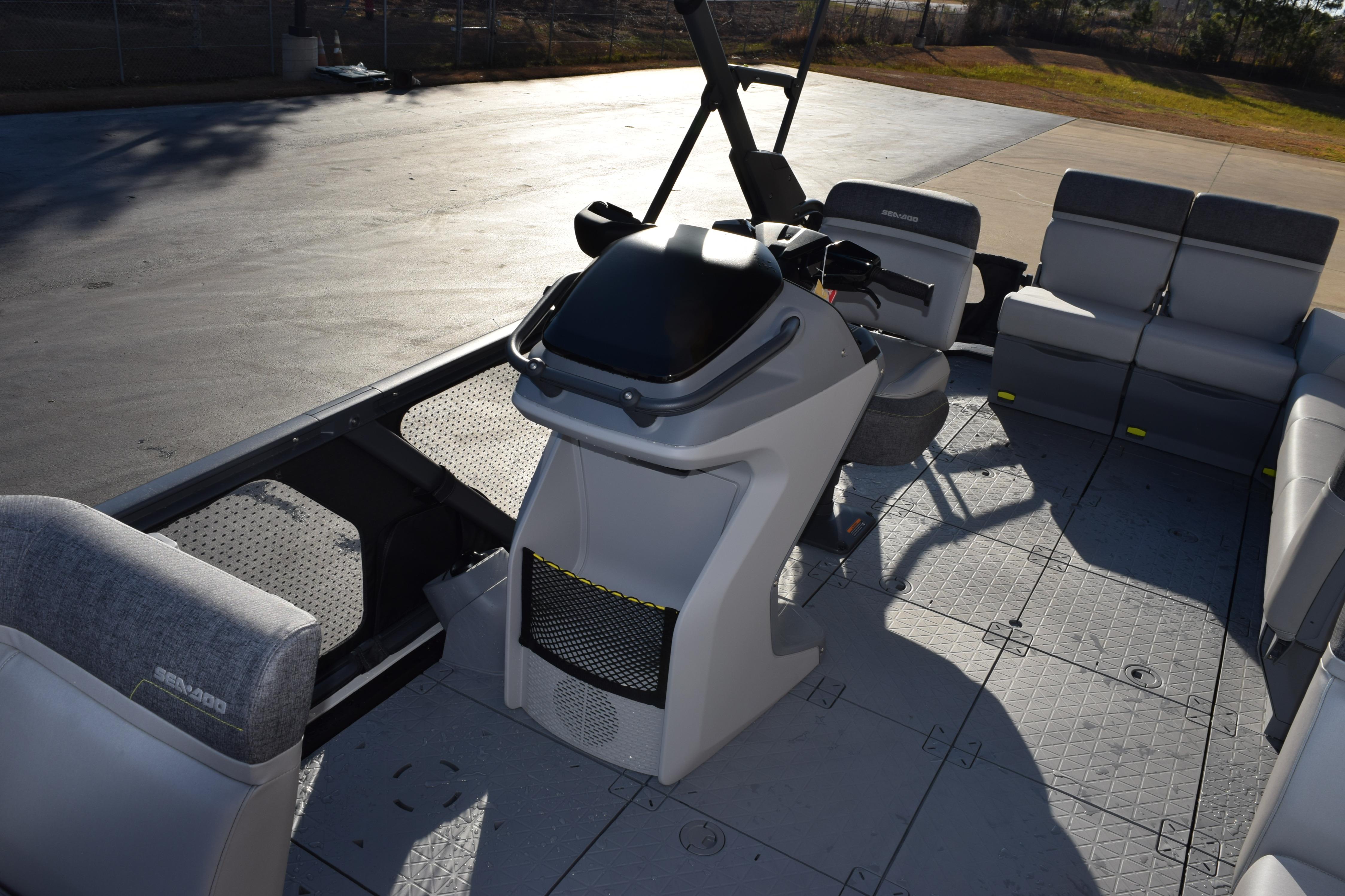 2026 Sea-Doo Switch Cruise 21 interior with modern seating and steering console.