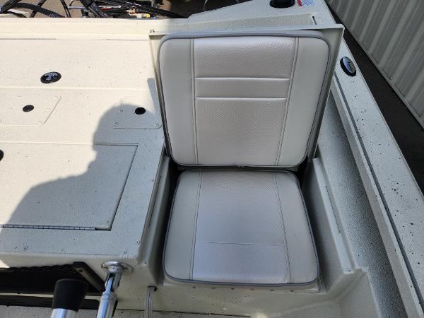 2025 Ranger RB200 boat seat with white upholstery and storage compartment.