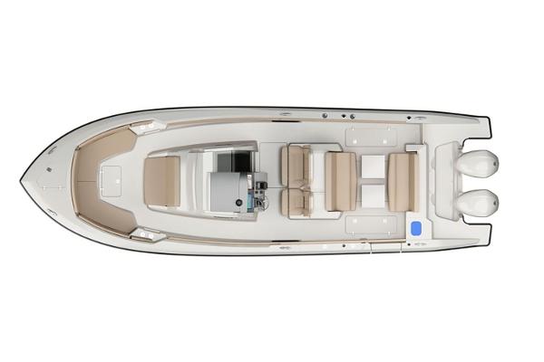 Manufacturer Provided Image: 2023 Pursuit S 328 Sport boat, top view, spacious seating, dual engines.