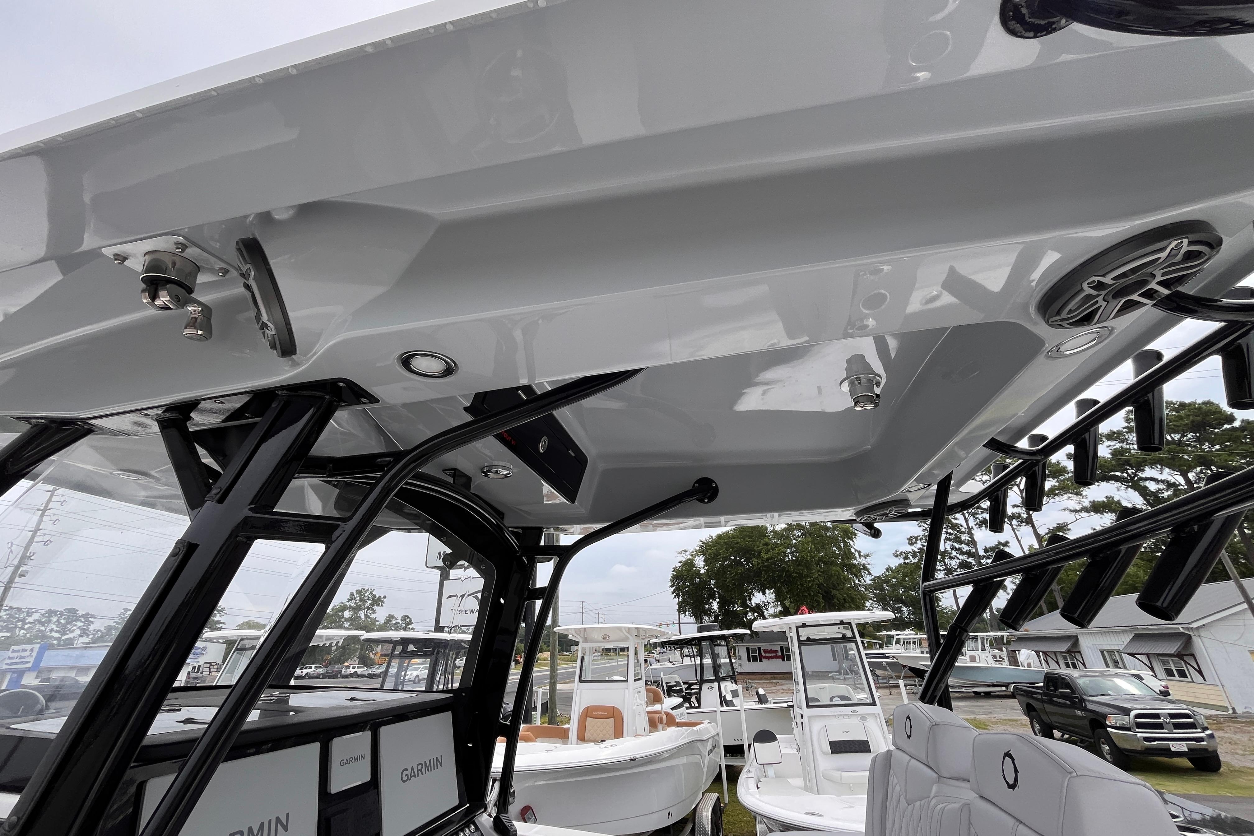 2024 Fountain 34 Tournament Edition boat interior with advanced Garmin navigation system.