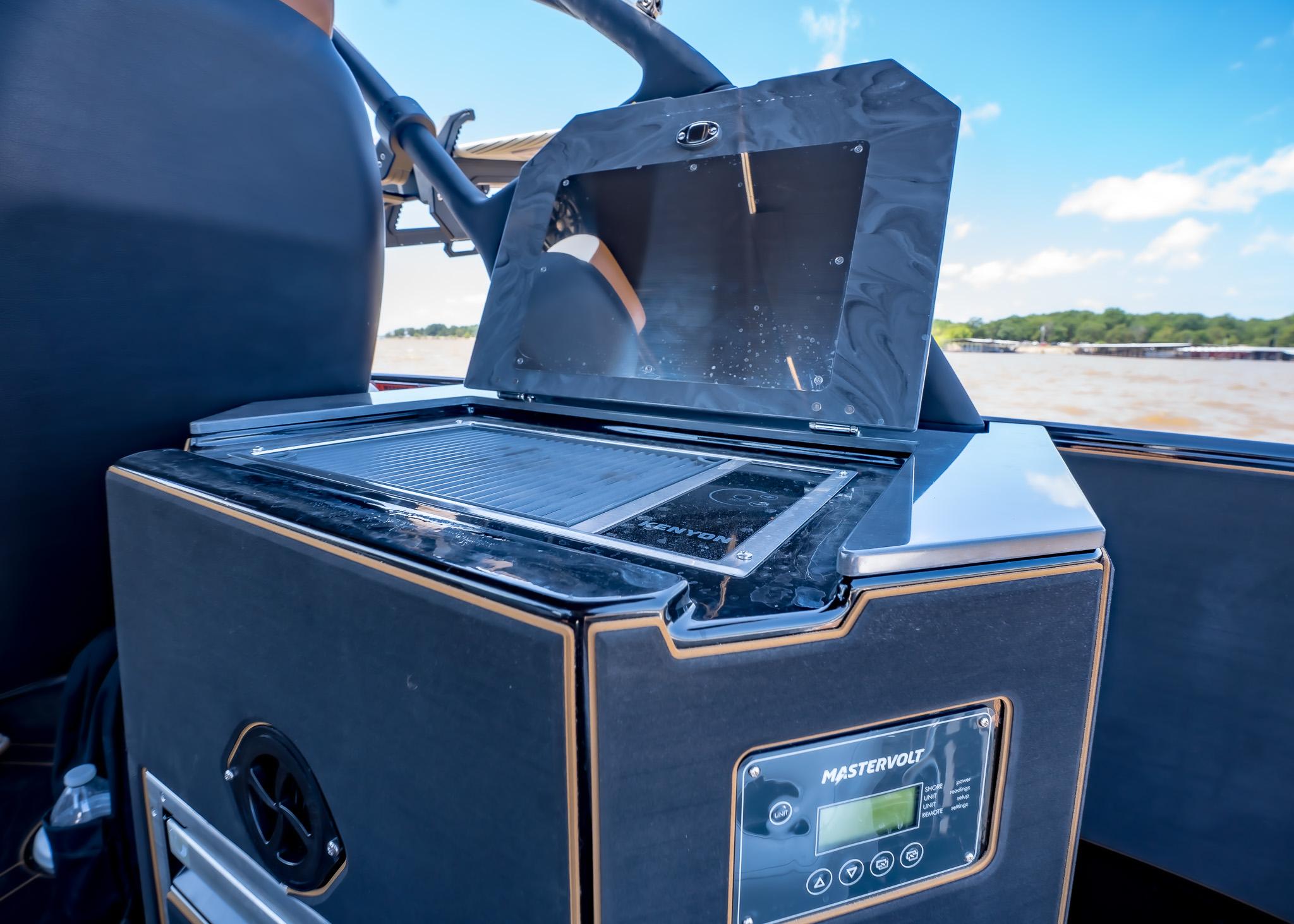 Outdoor kitchen setup on a Paradigm 236 boat, 2025 model, featuring a Mastervolt control panel.