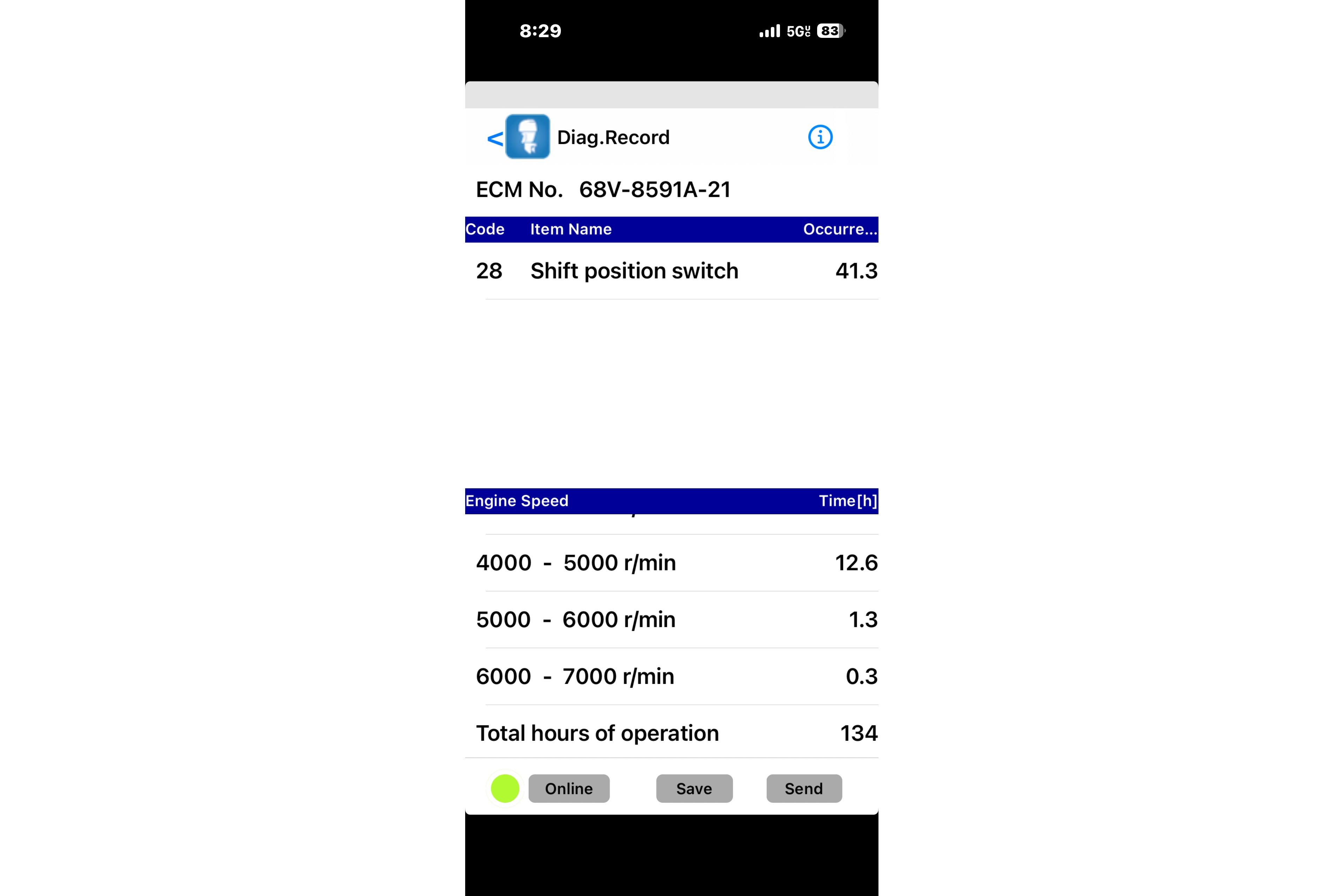 Diagnostic report for 2005 Hydra-Sports Lightning 180 CC, showing shift position switch occurrences and engine speed data.