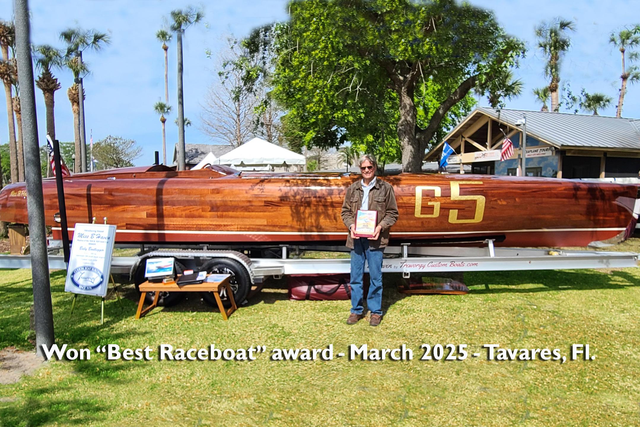 Custom 2024 Treworgy Replica of 30’ Baby Bootlegger, awarded "Best Raceboat" in Tavares, Florida.