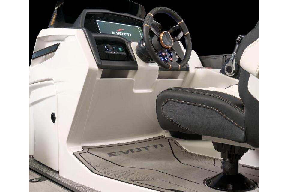 Manufacturer Provided Image: Interior of 2026 Evotti 721CS boat, featuring modern steering and dashboard design.