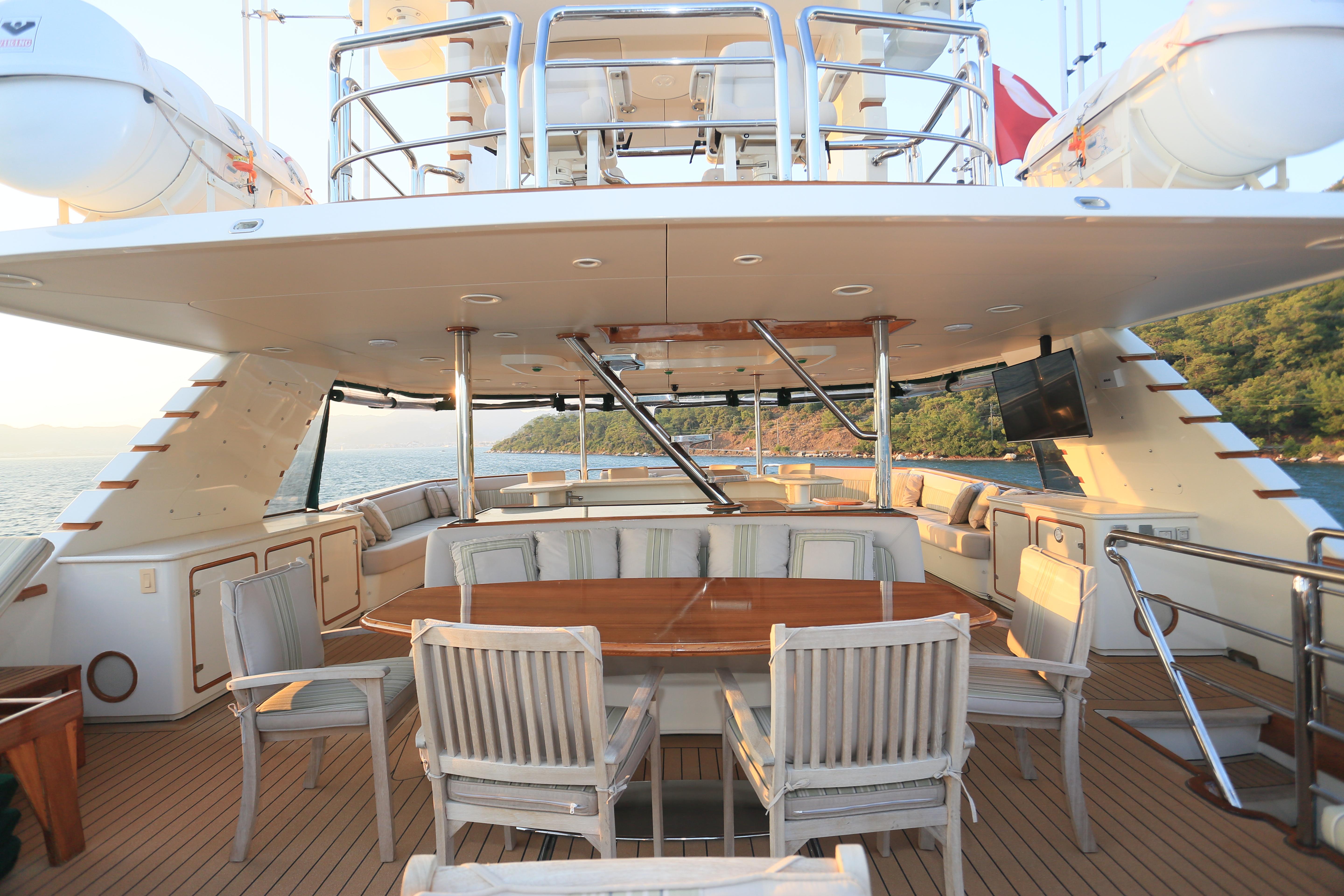 Luxury yacht deck with seating area, wooden table, and ocean view; Westport Custom 2004 model.