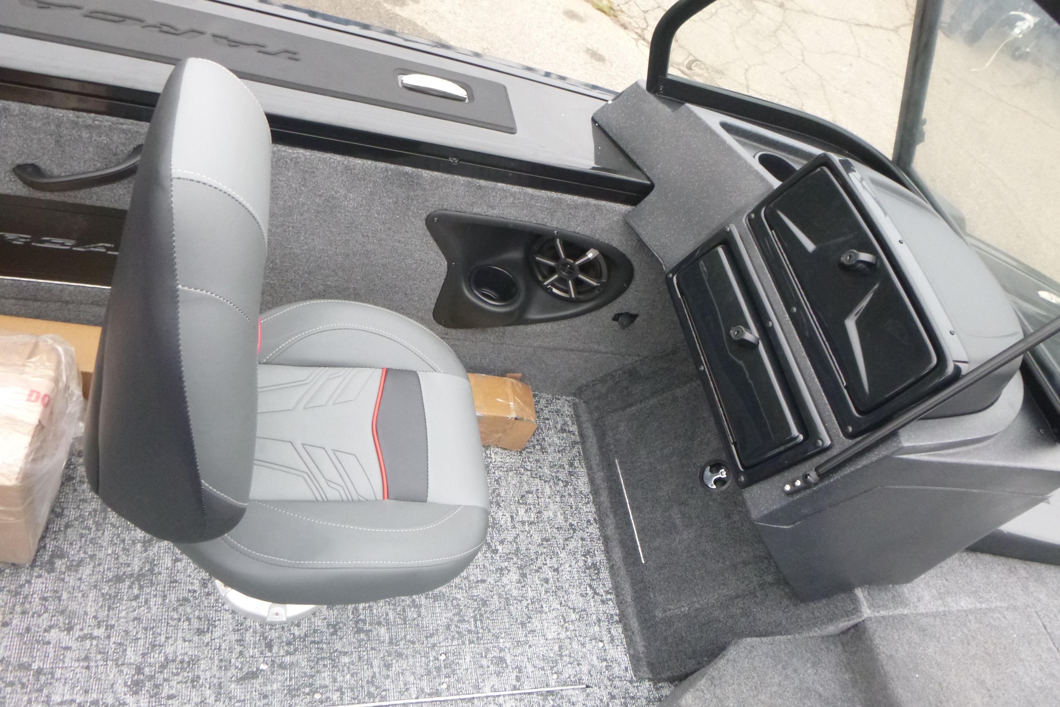 2026 Tracker Targa V-18 Combo boat interior with gray seating and dashboard.