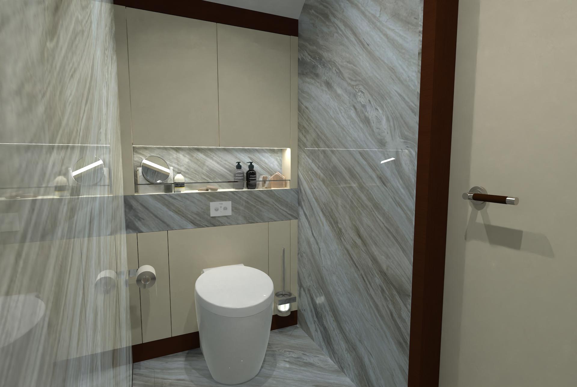 Luxurious yacht bathroom with modern design, featuring sleek fixtures and elegant marble walls, 2026 model.