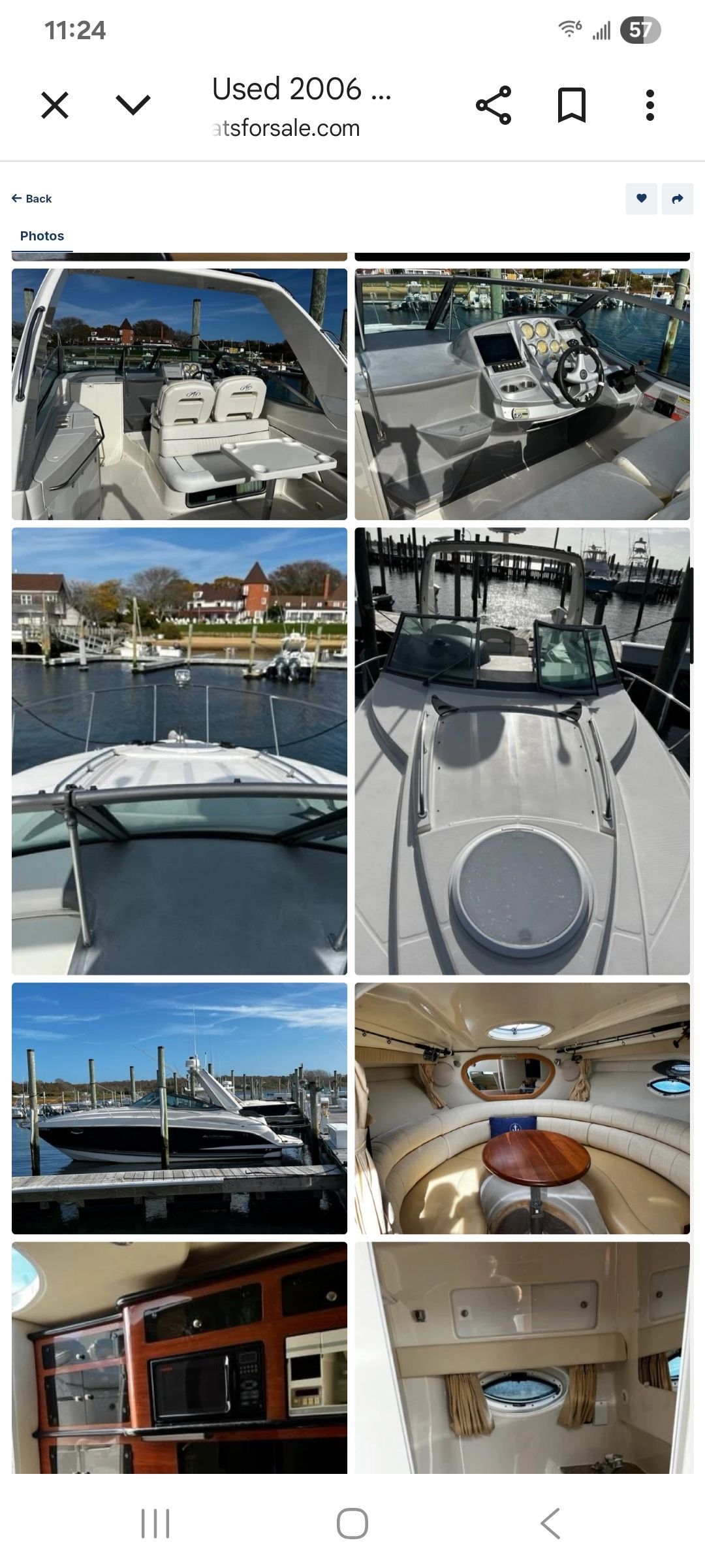 Interior and exterior views of a Monterey 290 Cruiser boat docked at a marina.