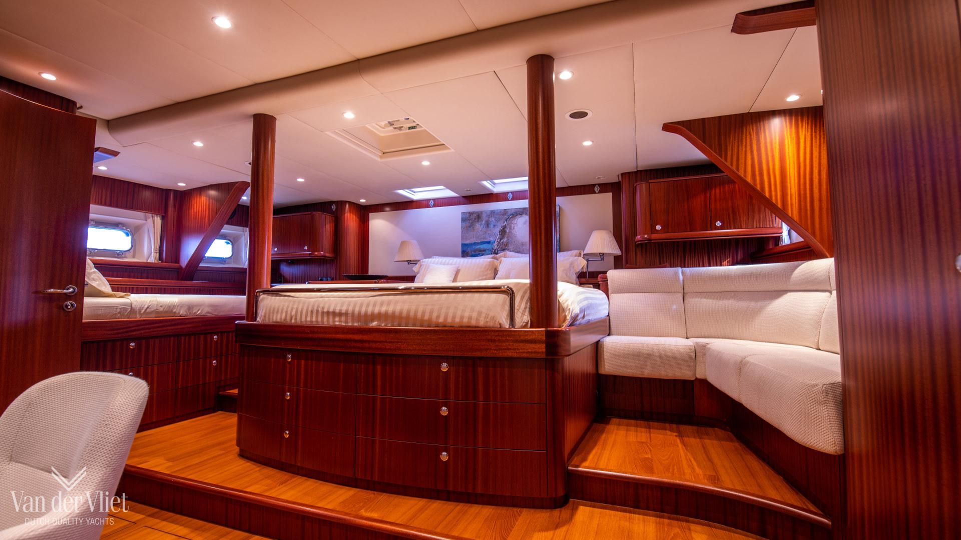 Luxurious Nordia 78 yacht interior, featuring elegant wood finishes and comfortable seating, 2008 model.