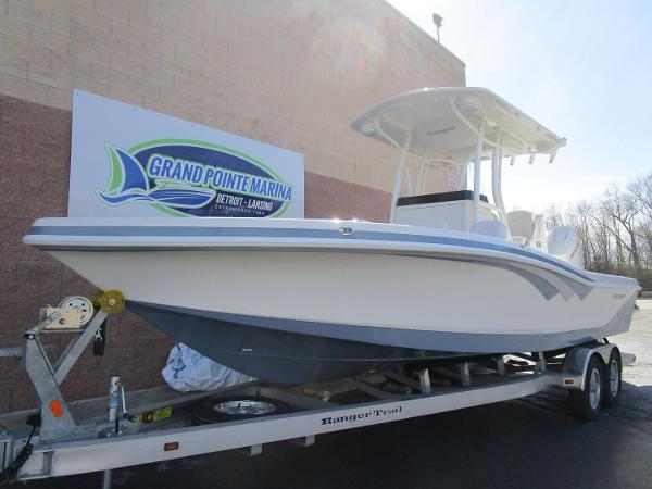 2024 Ranger 2660 Bay boat on trailer at Grand Pointe Marina.