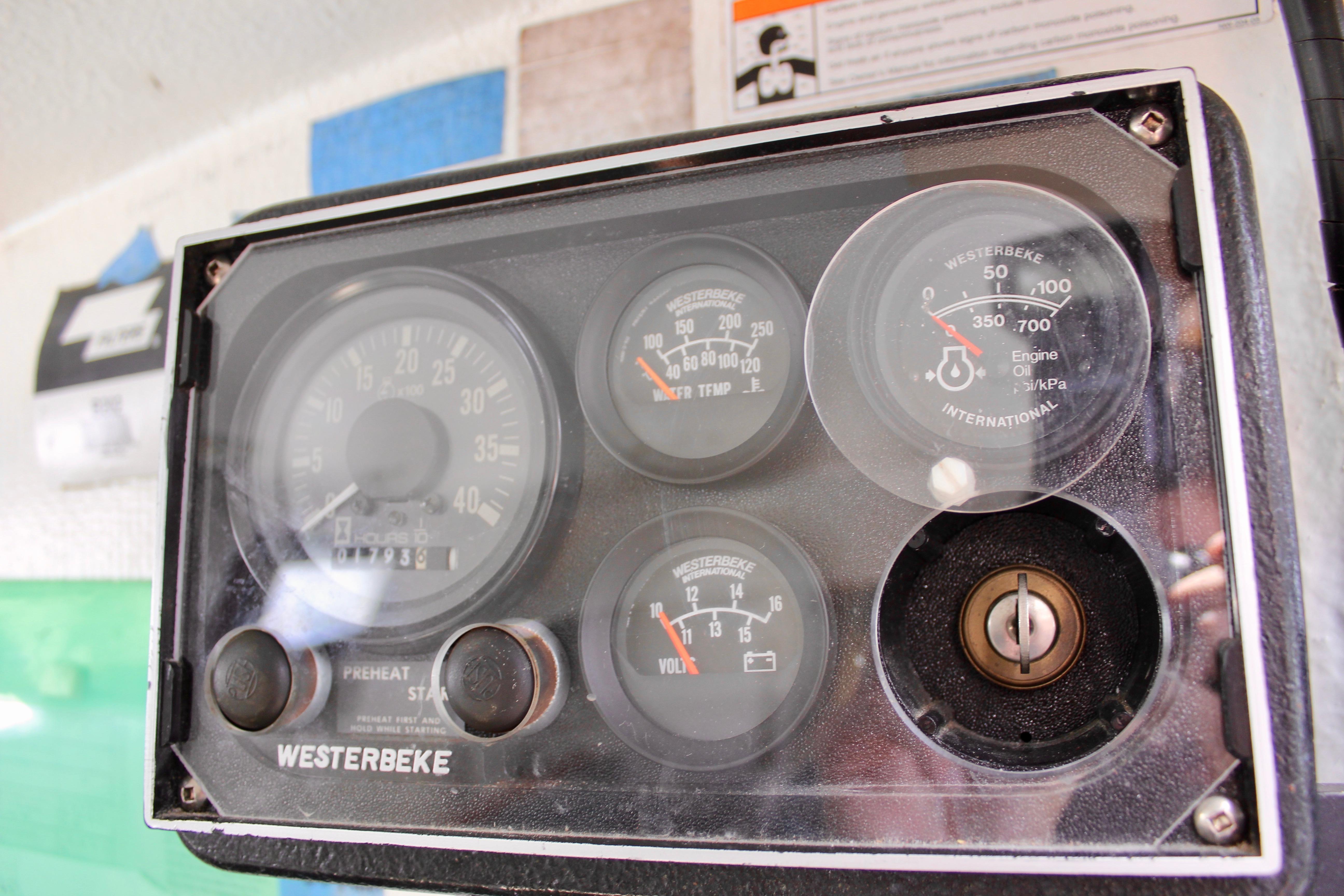 Instrument panel of a 1993 Freya 39 boat with Westerbeke gauges.