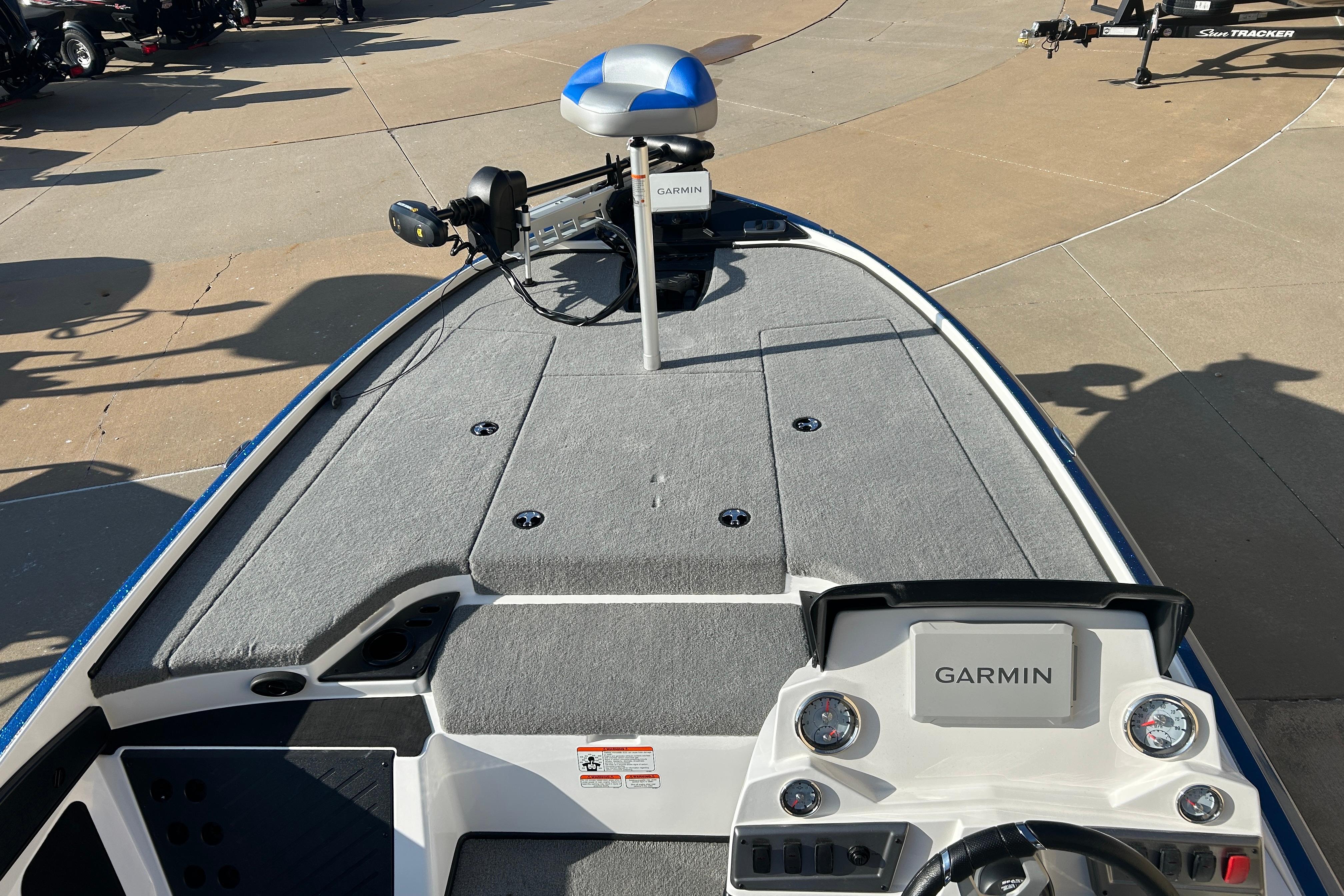 Nitro Z18 Pro 2025 boat deck with Garmin navigation system and trolling motor.