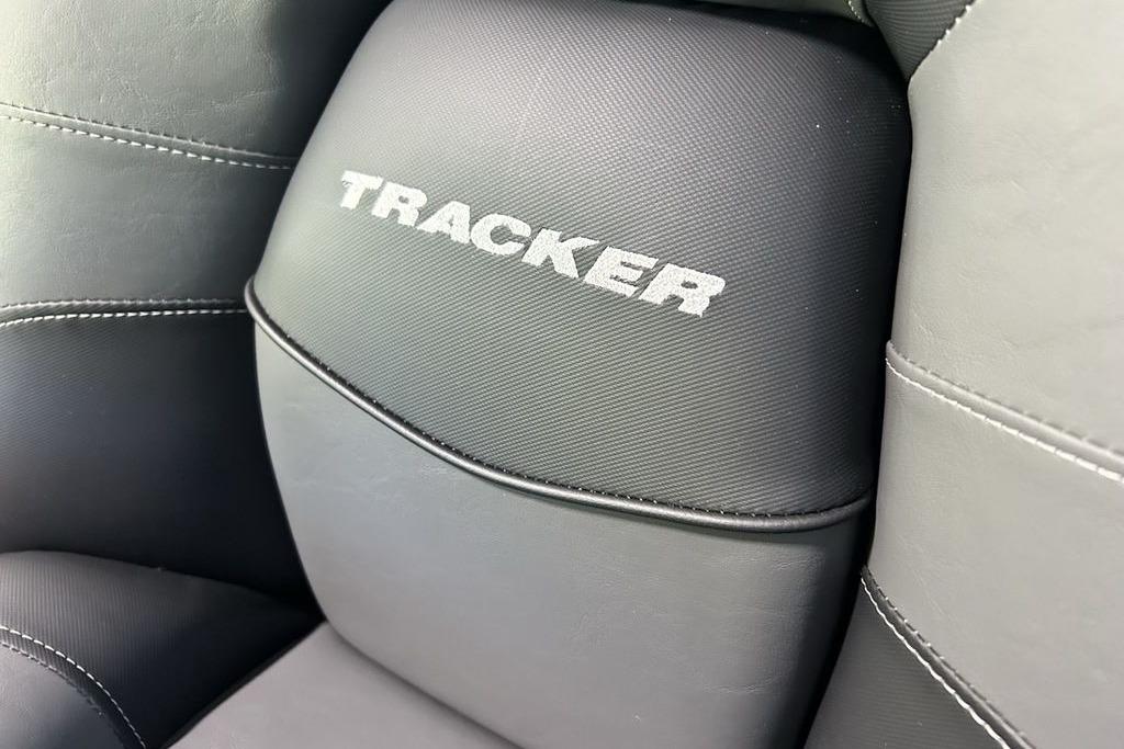 2026 Tracker Pro Team 195 seat with logo, featuring sleek black upholstery.