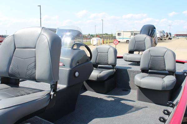 2025 Tracker Bass Tracker Classic XL boat interior with gray seating and steering console.