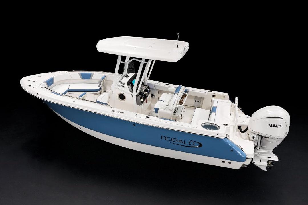 Manufacturer Provided Image: 2026 Robalo R230 Center Console boat with Yamaha engine, sleek design, blue and white color scheme.