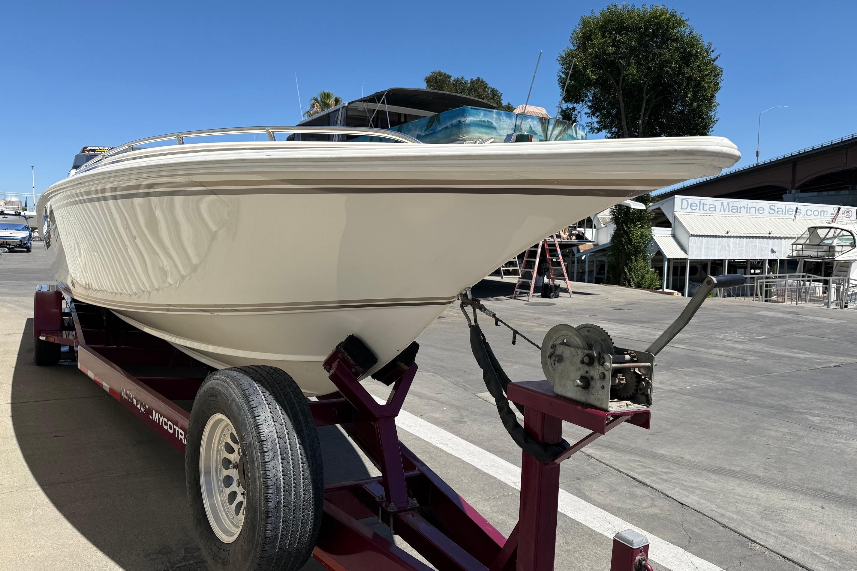 1998 Fountain 35 Lightning boat on trailer at Delta Marine Sales.
